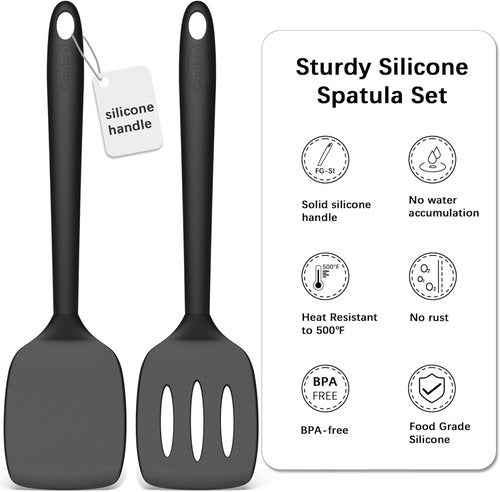 Coukre Silicone Spatula Set - High Heat Resistant, BPA Free, Solid & Slotted Turners (2 Pack, Pure Black)