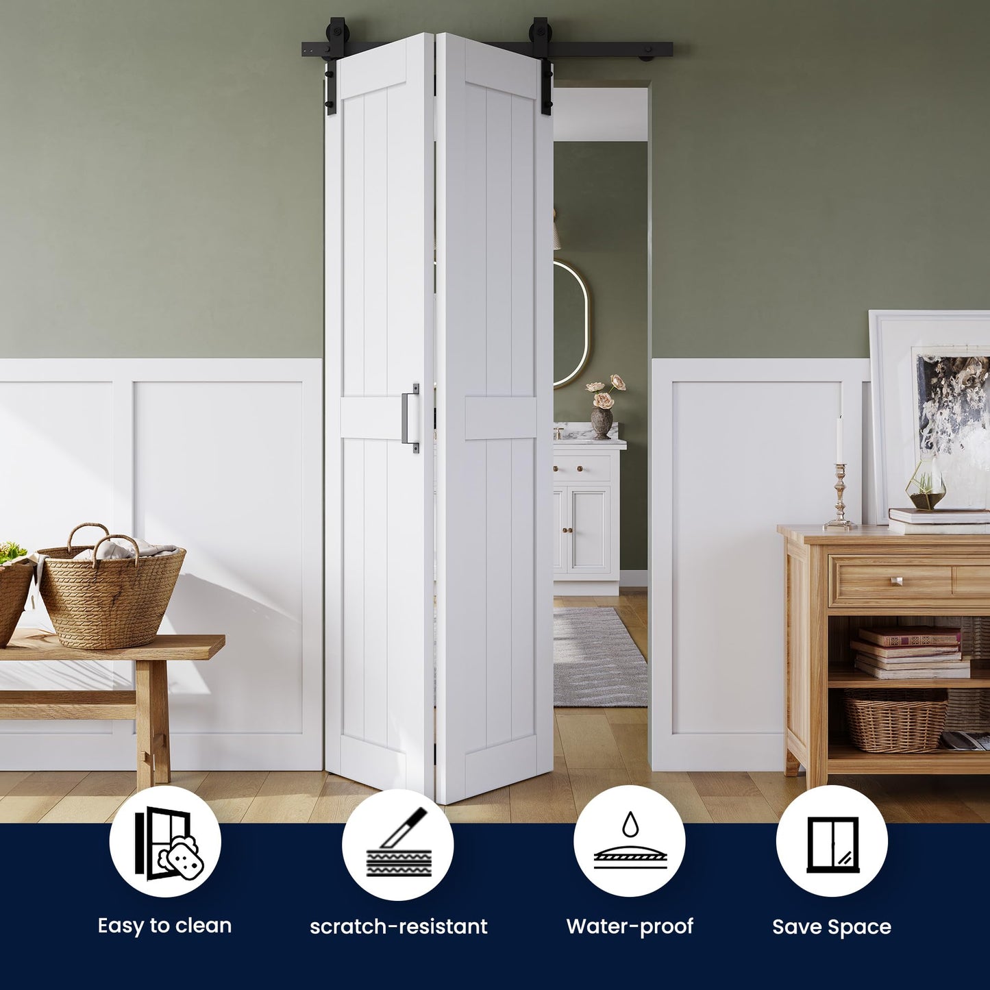 Bifold Barn Door 36" x 84", MDF Bi-Fold Sliding Closet Doors with Hardware Kit Included, Pre-Finished Easy Assembly, Water-Proof PVC Surface & Save Space, H-Frame, 40" Track for 2 Doors,White