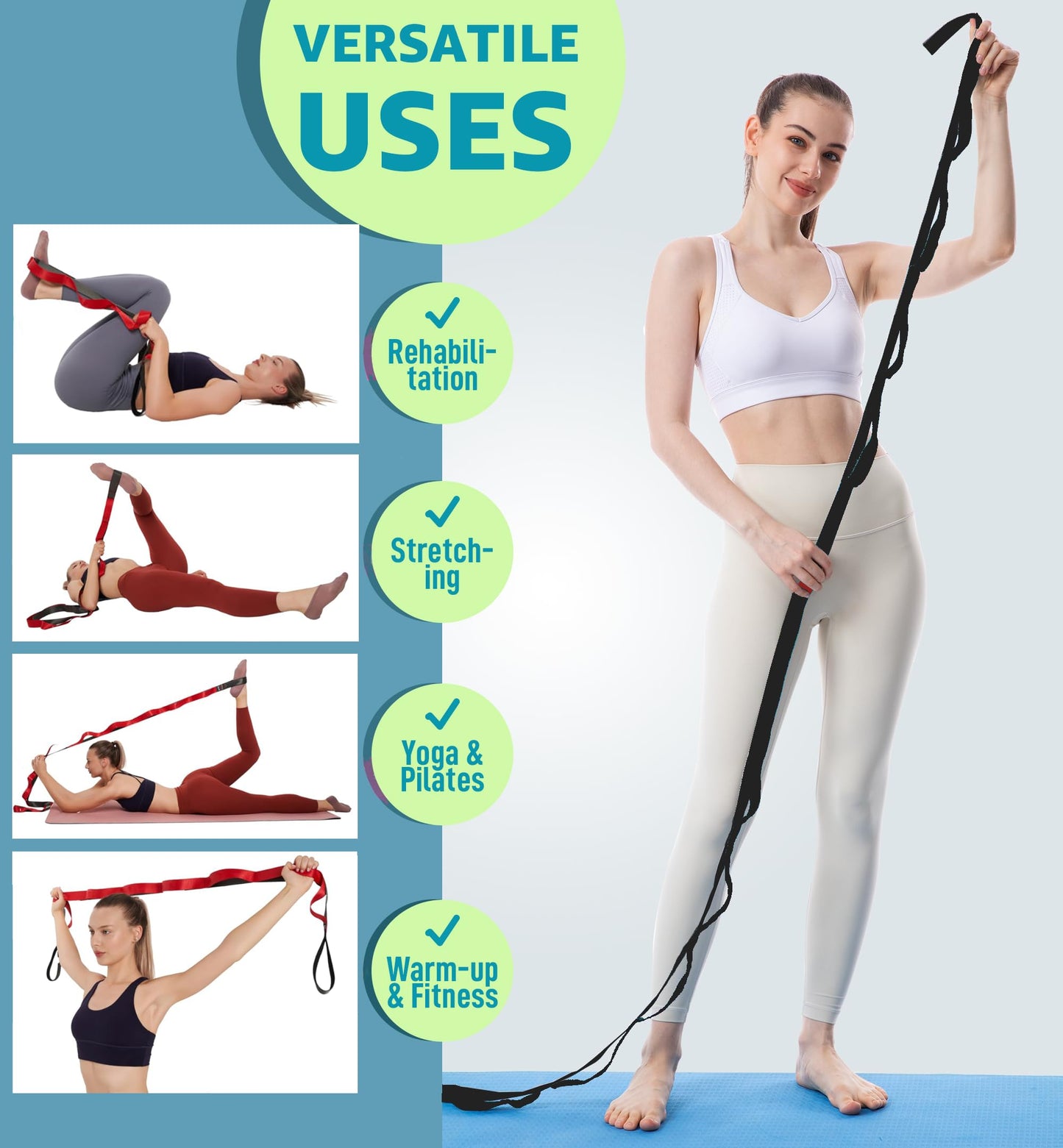 JZOONPVA Calf Stretcher Multi Loop Stretch Strap - Physical Therapy Strap for Stretching, Calf Stretch Yoga Belt with Loops, Hamstring Stretcher, Leg Stretch Band, Fascia Stretcher & Arch Support Bands for Feet
