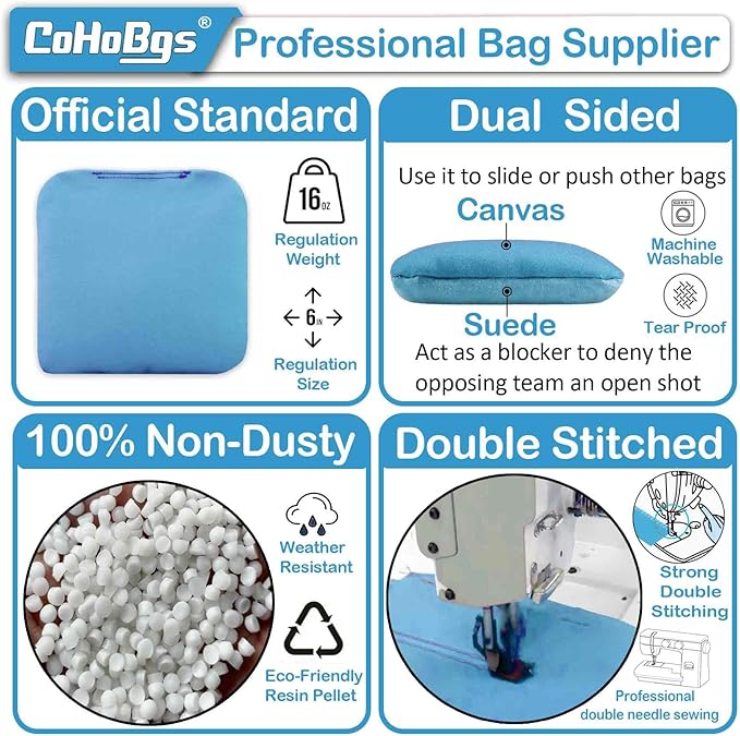 CoHoBgs Corn Hole Bags Set 8, Professional Cornhole Bags Dual-Sided Slick & Stick Resin Filled Suede and Duck Canvas Bean Bag for Cornhole Game Includes Carry Case