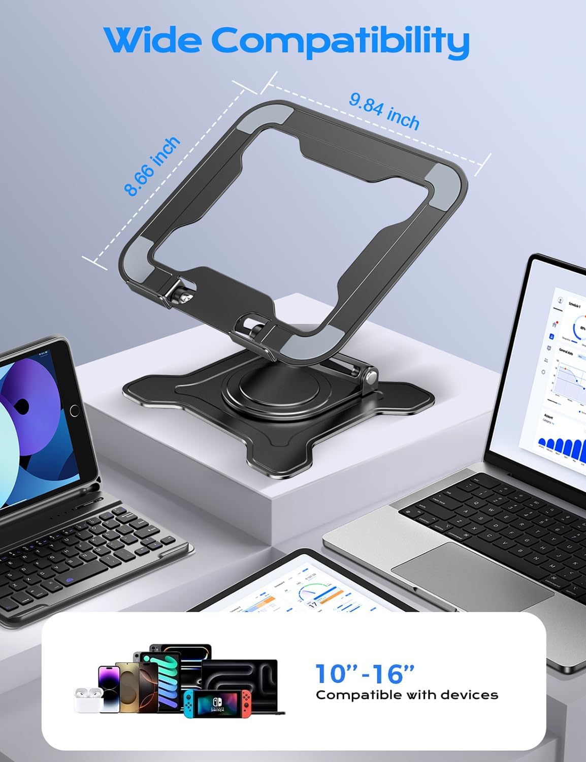 JCZT 360 (10-16") Adjustable Laptop Stand, Rotating Base Ergonomic Computer Stand, Foldable Laptop Stand for Desk