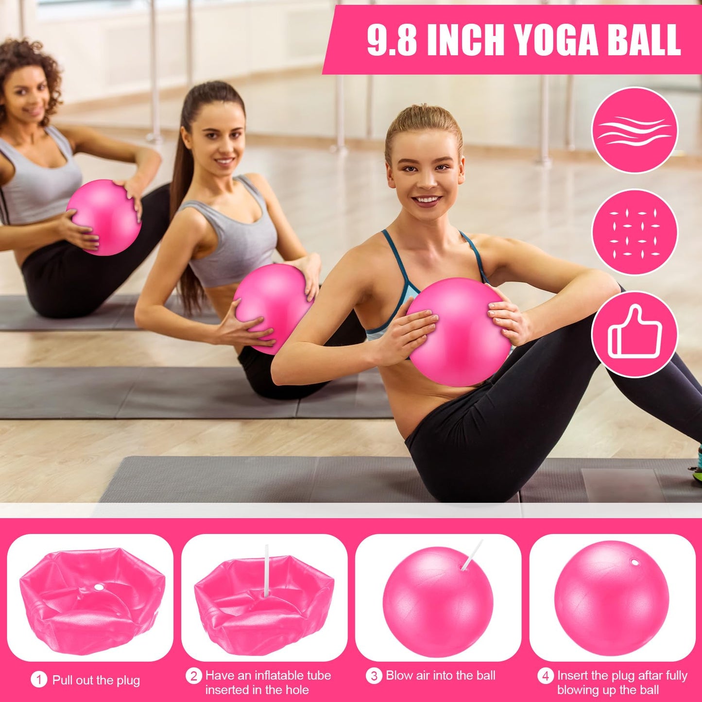 Silipull 10 Pcs Pilates Ring Blocks Set for Women Home Yoga Equipment Accessories Pilates Ring Circle and Ball Workouts Gift Include Ball Yoga Circle Resistance Bands Block Straps Gym Bag(Pink)