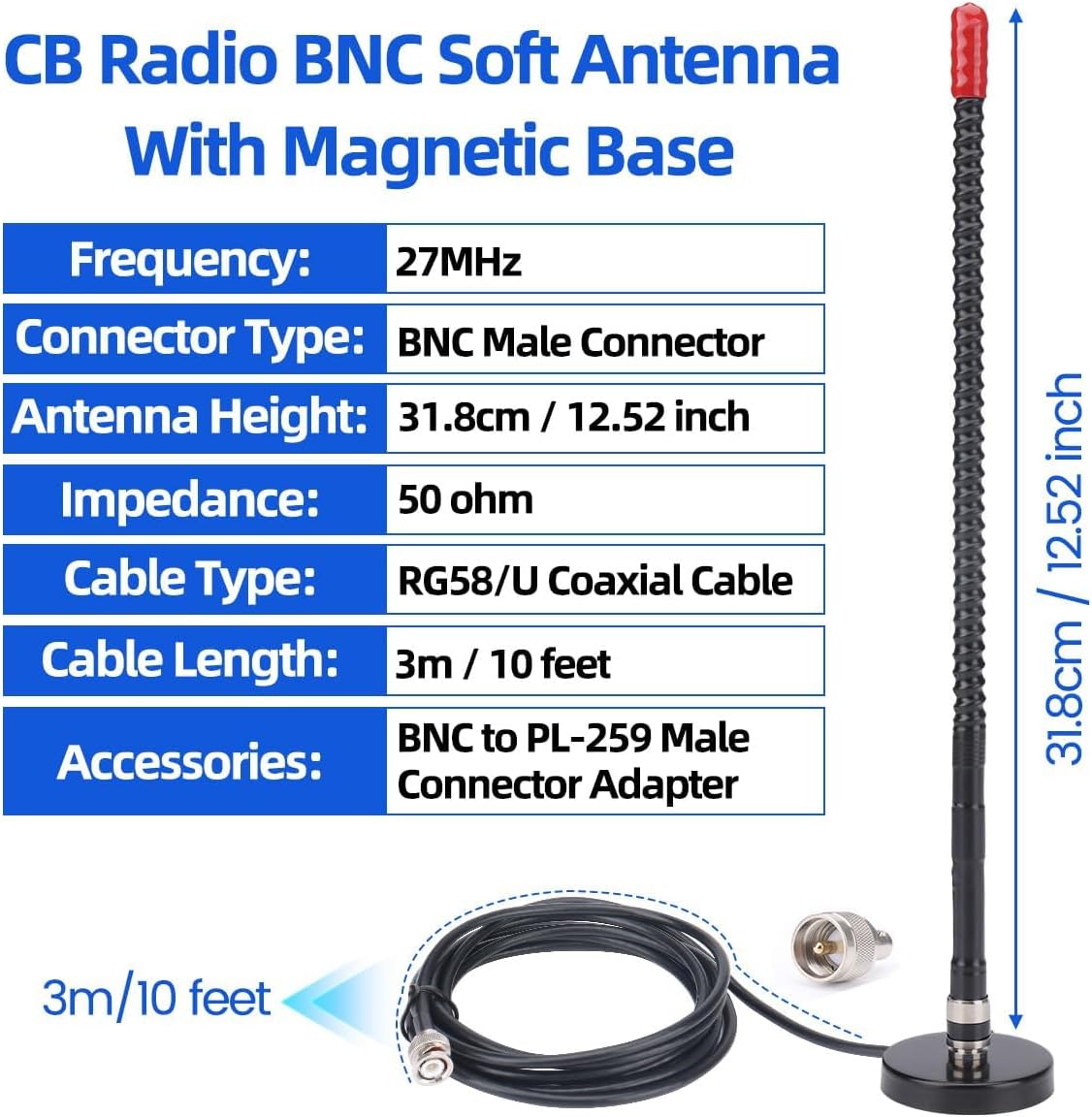 Arridioter 27MHz PL259 CB Radio Antenna Magnetic Mount Whip Soft CB Antenna Kit with BNC Male Adapter Compatible