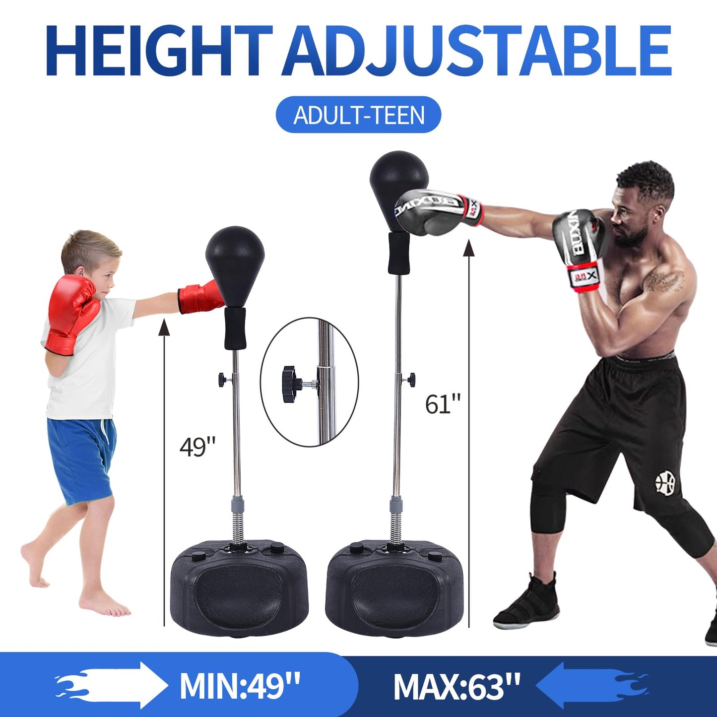 Stiatu Punching Bag with Stand, Heavy Boxing Bag Height Adjustable Reflex Bar and Speed Punching Bag for Adults & Youth, Home Gym Training Equipment for MMA Fitness Stress Relief (Black)