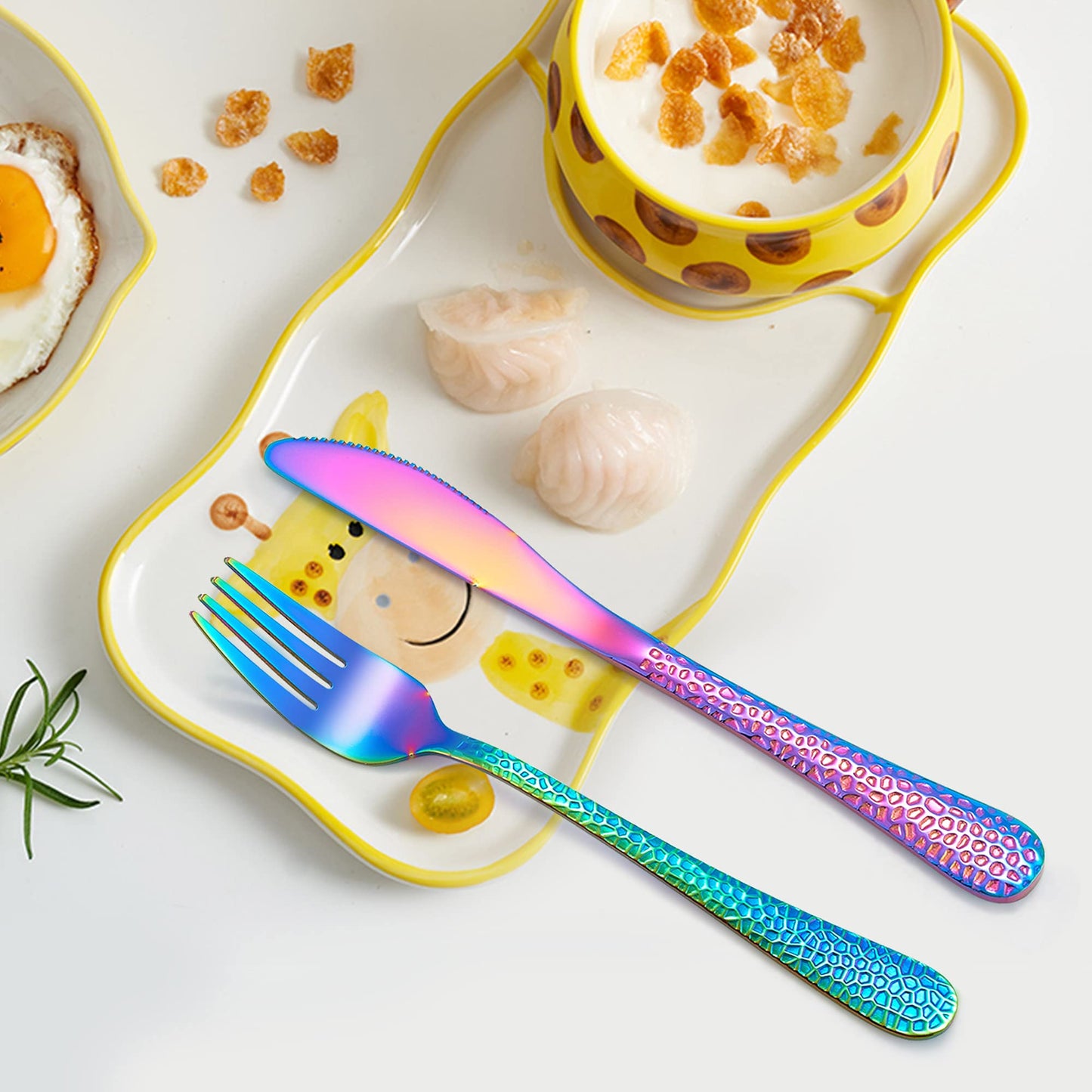 LIANYU 12-Piece Rainbow Kids Silverware Set, Stainless Steel Toddler Utensils, Hammered Preschooler Metal Flatware Cutlery Set, Children Tableware Includes Knives Forks Spoons, Dishwasher Safe