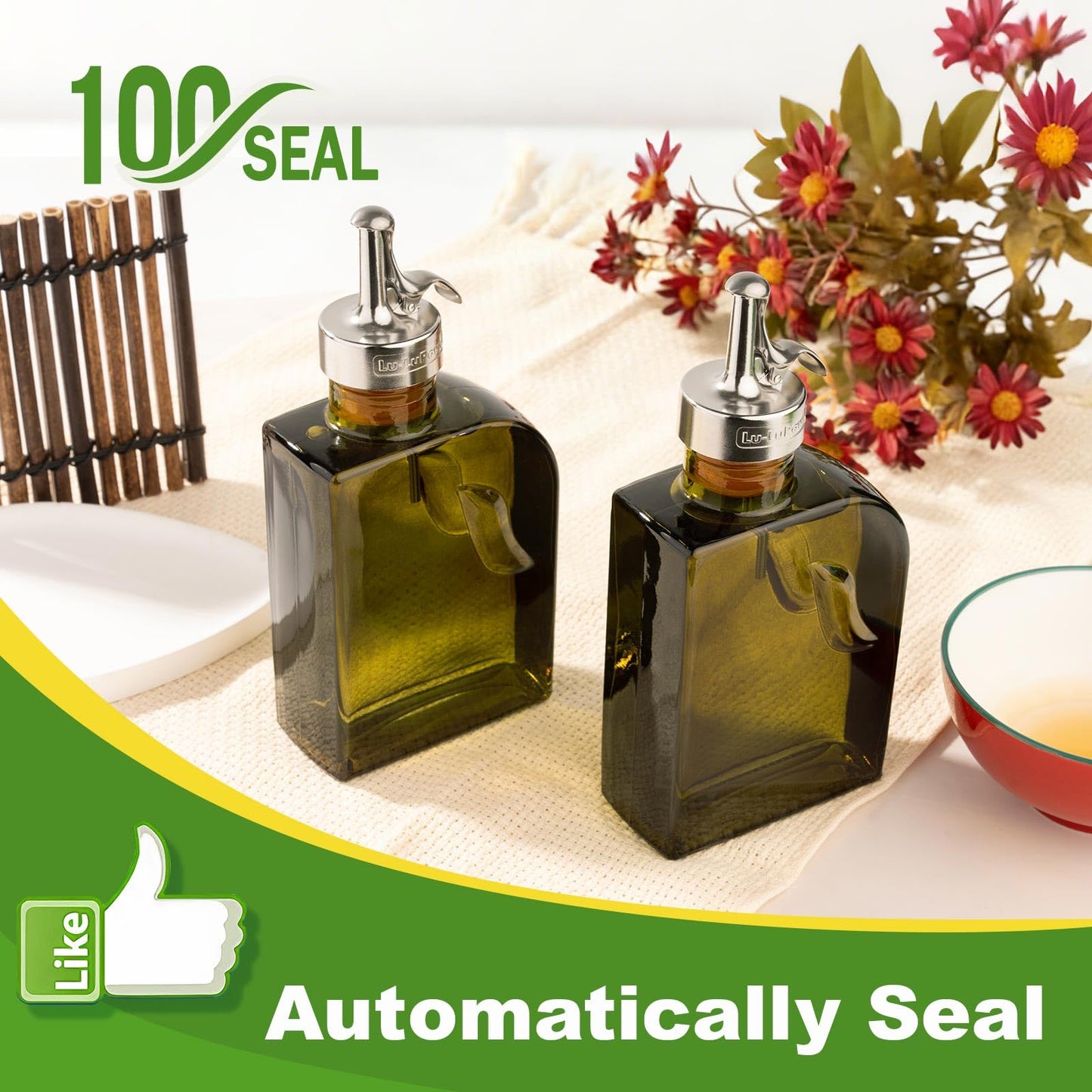 Lu-lupour Olive Green 12oz Glass Olive Oil Bottle Dispenser - 350ml Oil and Vinegar with Pourers and Funnel - Oil Dispenser Bottle for Kitchen