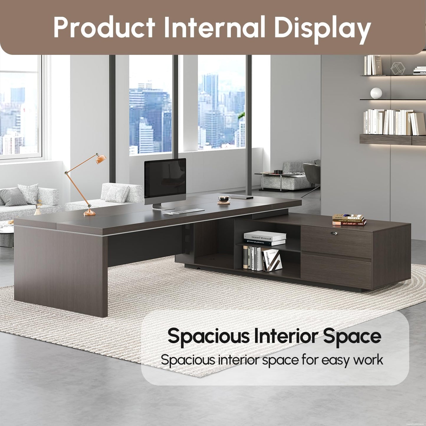 Nuipesn 79-Inch Reversible L-Shaped Executive Desk with Drawers, Open Shelves, Power Outlet & USB Ports, Ventilated CPU Compartment, Large Home Office Desk, Obsidian Grey & Walnut, 79"L x 65"W x 30"H