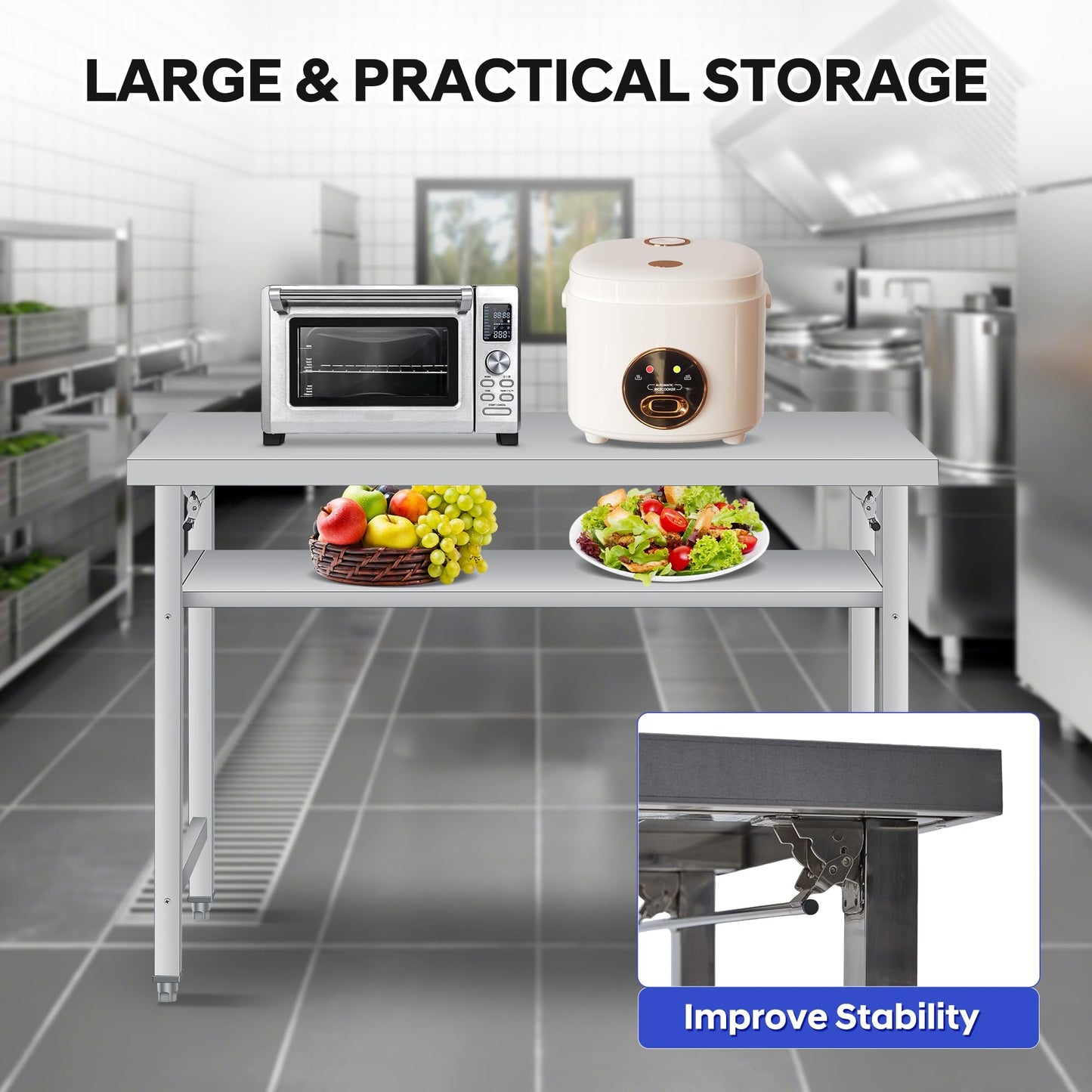 GAOMON 60" Folding Stainless Steel Table, 920 LBS Commercial Worktable Workstation with Undershelf for Prep & Work, NSF Stainless Steel Kitchen Island for Home Kitchen Restaurant Garage Warehouse