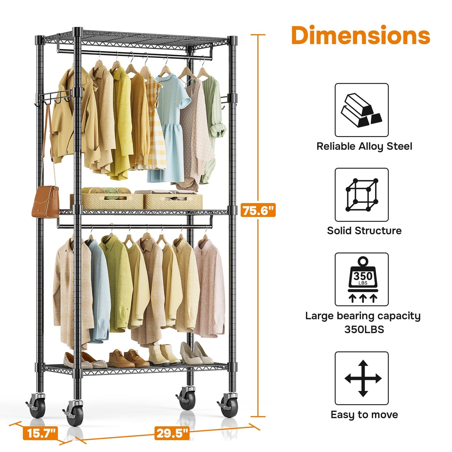 Simple Deluxe Rolling Clothes Rack, Heavy Duty Clothing Rack, 3-Shelf Portable Adjustable Wardrobe Closet with Wheels, Hanging Rods & Side Hooks, 29.5" W x 15.7" D x 75.6" H, Black