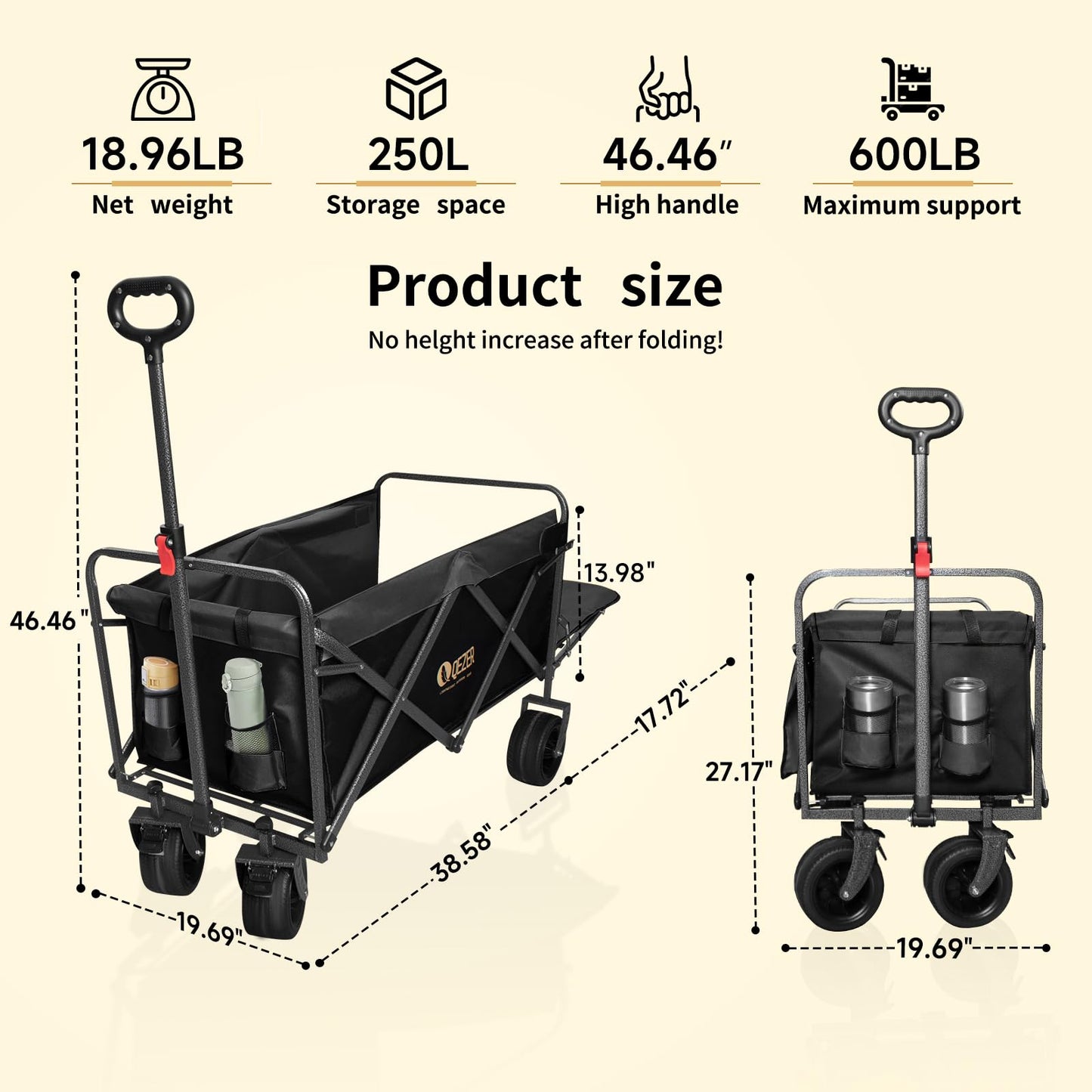 QEZER56 Large Collapsible Folding Wagon with Tailgate and Brake, 600LBS Heavy Duty Utility Cart, 250L Large All-Terrain Beach Wagon for Camping Garden Shopping Grocery Sports (Black, 250L)