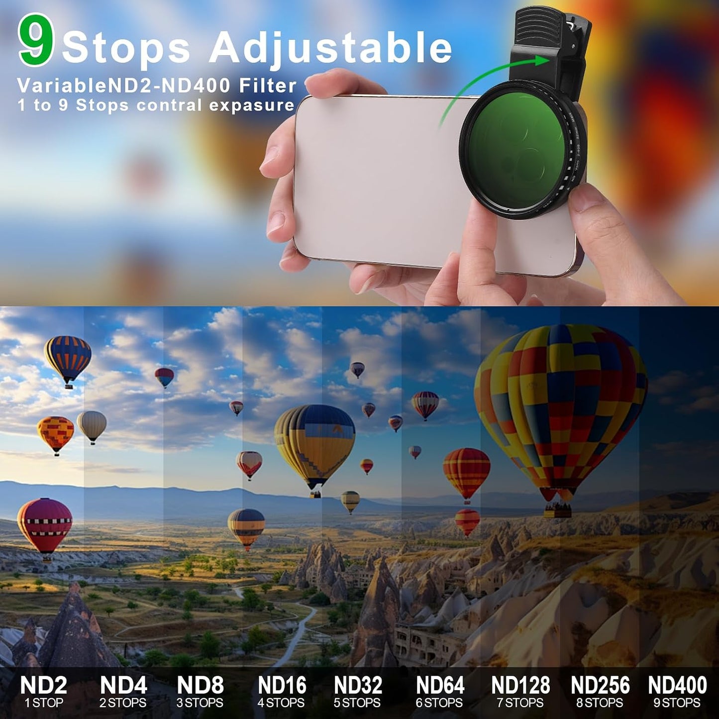 Beysfilter 52MM ND2-ND400 16/15/14/13 Phone Variable Filter, Multi-Coating Clip Adjustable Neutral Density Lens Kit