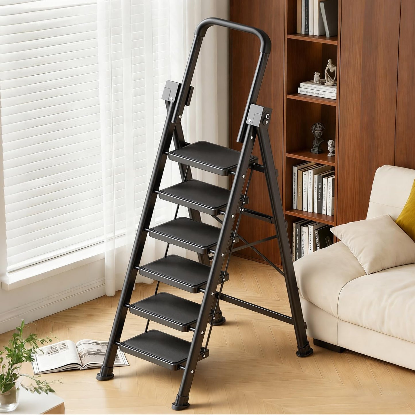7 Step Ladder, Retractable Handgrip Folding Step Stool with Anti-Slip Wide Pedal, Carbon Steel Step Stool Ladders for Adult,Safety Household Ladder for Kitchen,Home,Office&Garage