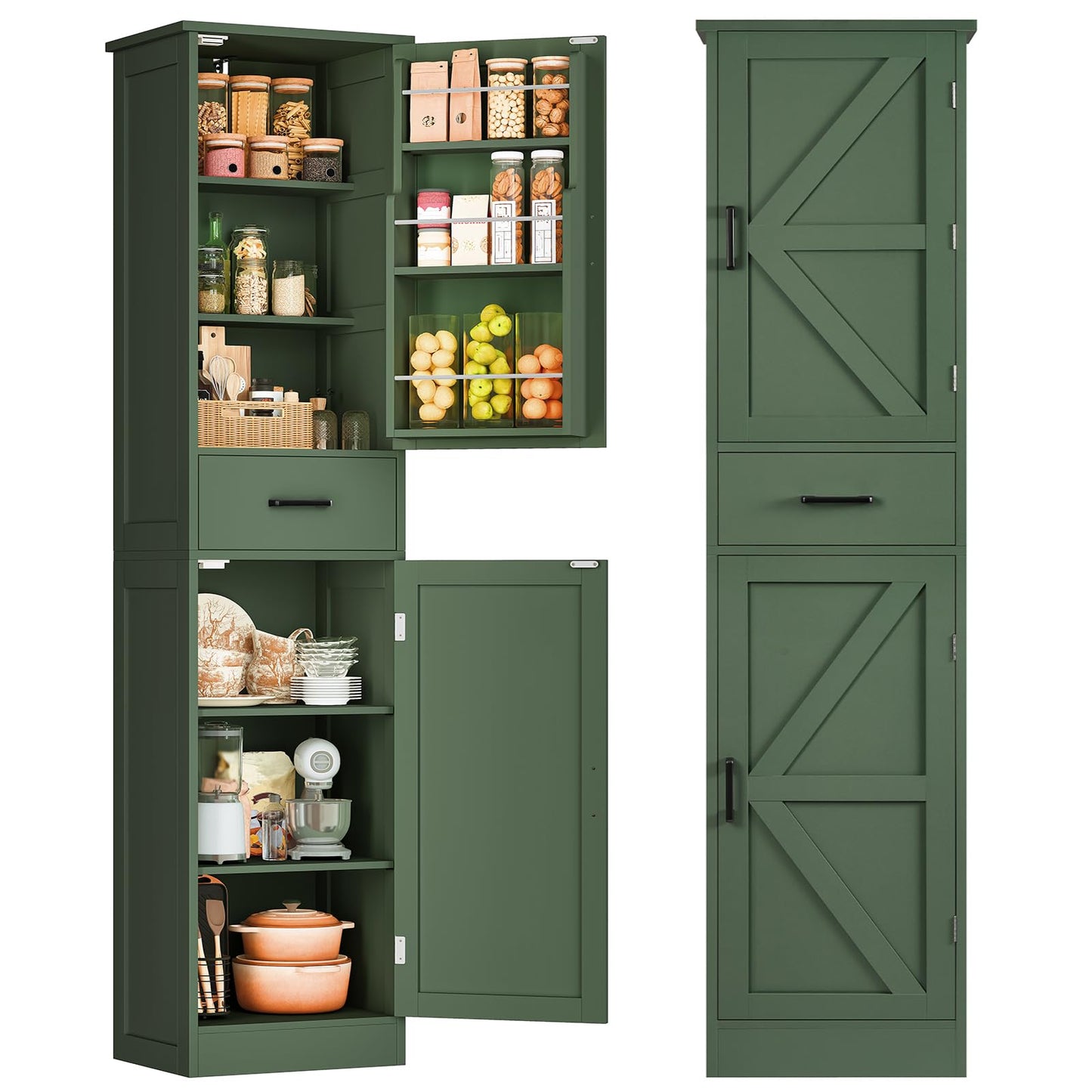 TEENFON Kitchen Pantry Cabinet with 3 Door Shelves & 1 Drawer, Narrow Bathroom Cabinet with Adjustable Shelves, Tall Storage Cabinet for Living Room, Bathroom, Entryway, Green