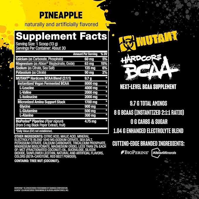 Mutant Hardcore BCAA - Pre, Intra or Post Workout ??BCAA Next Level branched-Chain Amino Acids Supplement ??Hydration + Recovery - 30 Serving - Pineapple