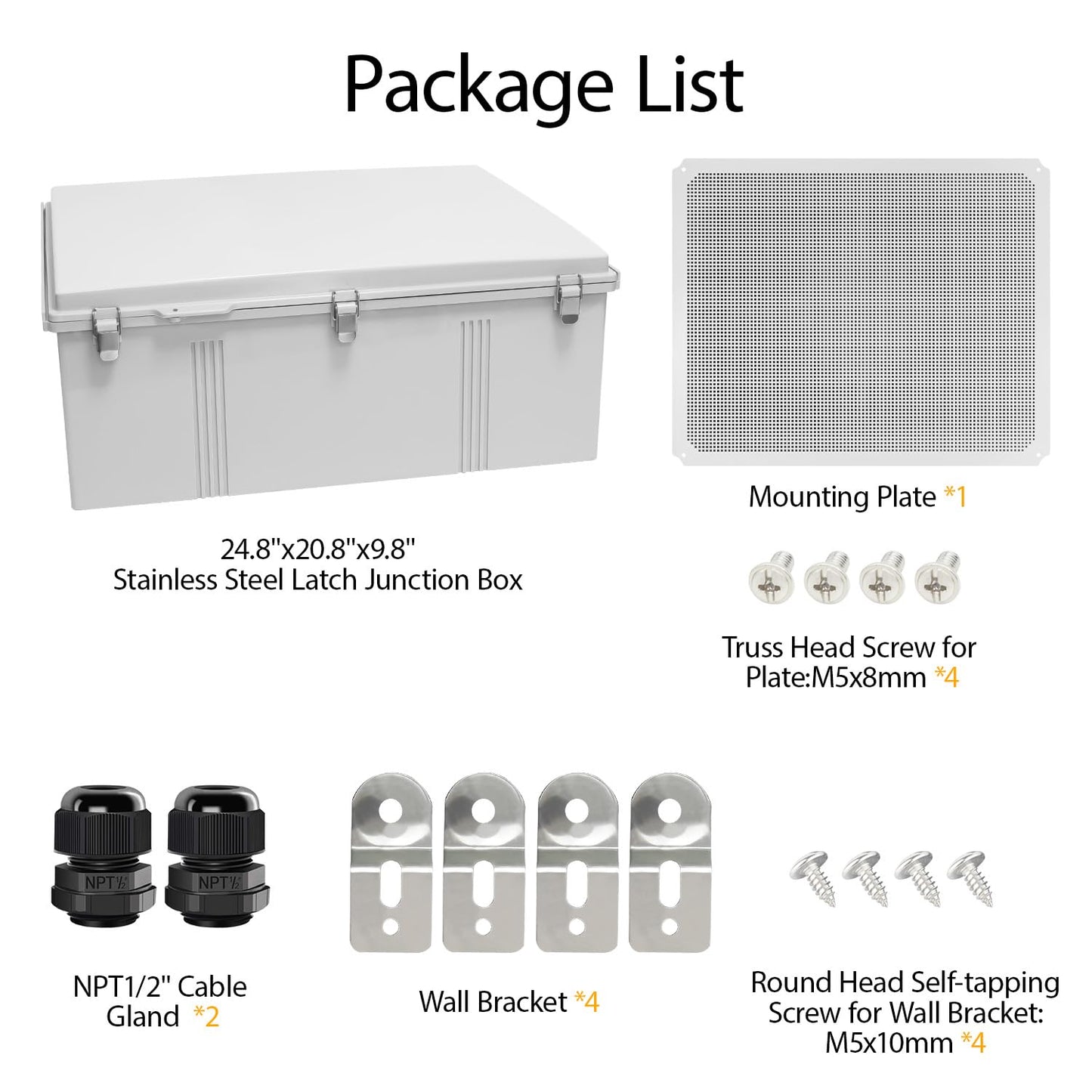 LeMotech Electrical Box, IP67 Waterproof Hinged Cover Stainless Steel Latch Junction Box, ABS Plastic Electrical Enclosure with Mounting Plate,Wall Brackets, Cable Glands,24.8"x20.8"x9.8",Grey