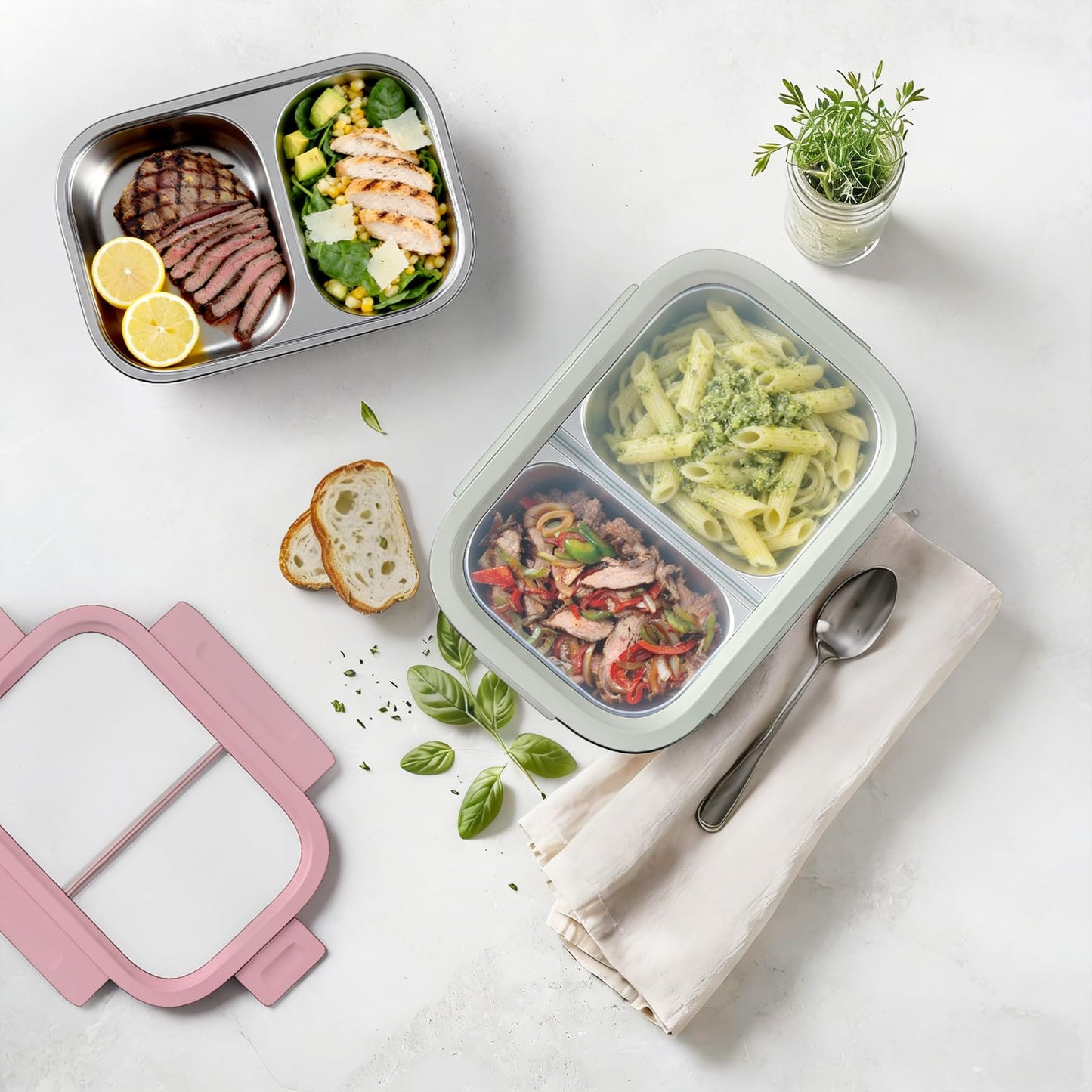 EC-Gaze 2 Pack 316 Stainless Steel Bento Box, 2-Compartment Microwave-Safe Metal Lunch Box, Leakproof Lunch Container for Work, On the Go (20oz/600ml Pink)