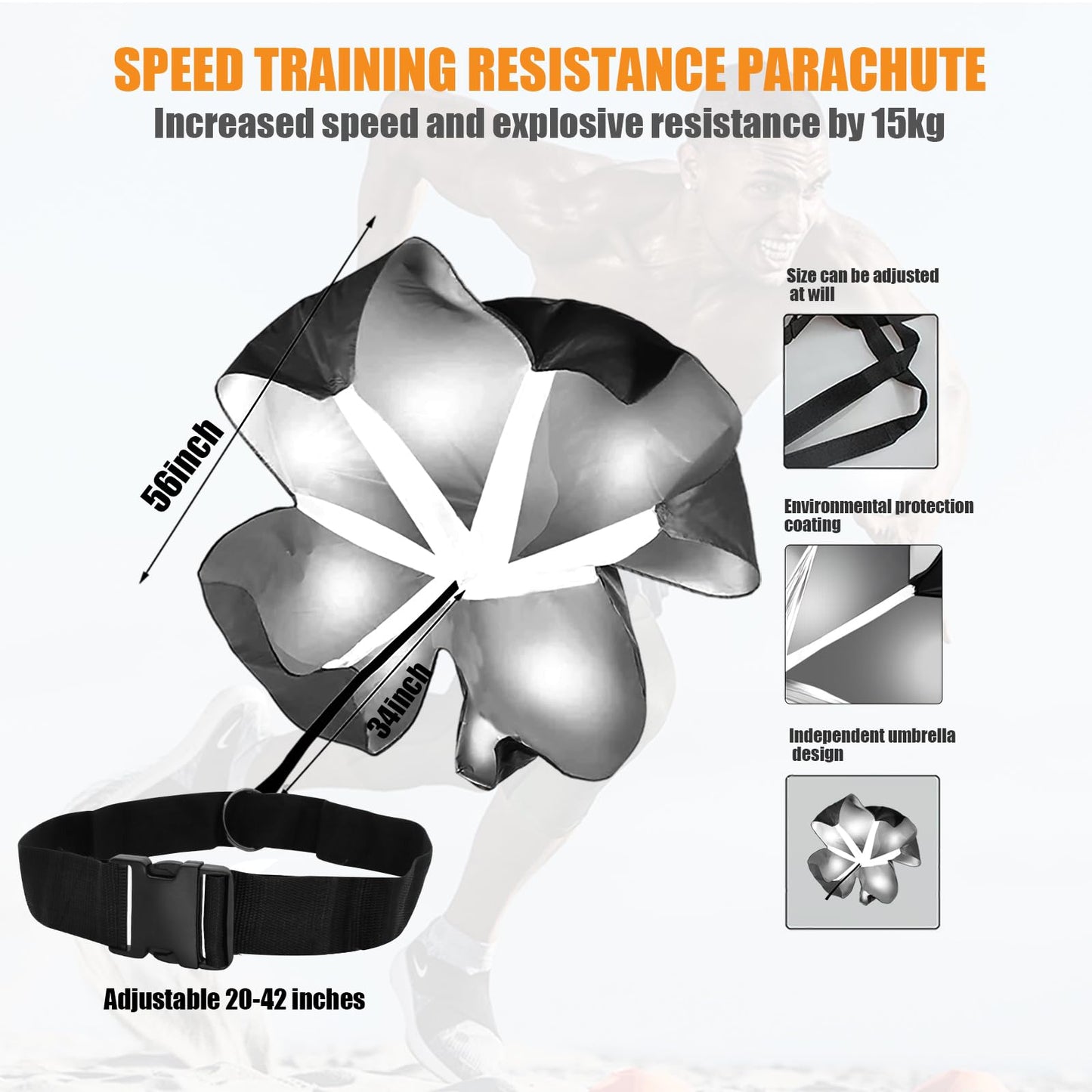 Nusogon Running Speed Training, 56 inch Speed Drills Resistance Parachute Running Sprint Chute Soccer Football Sport Speed Training（Black）