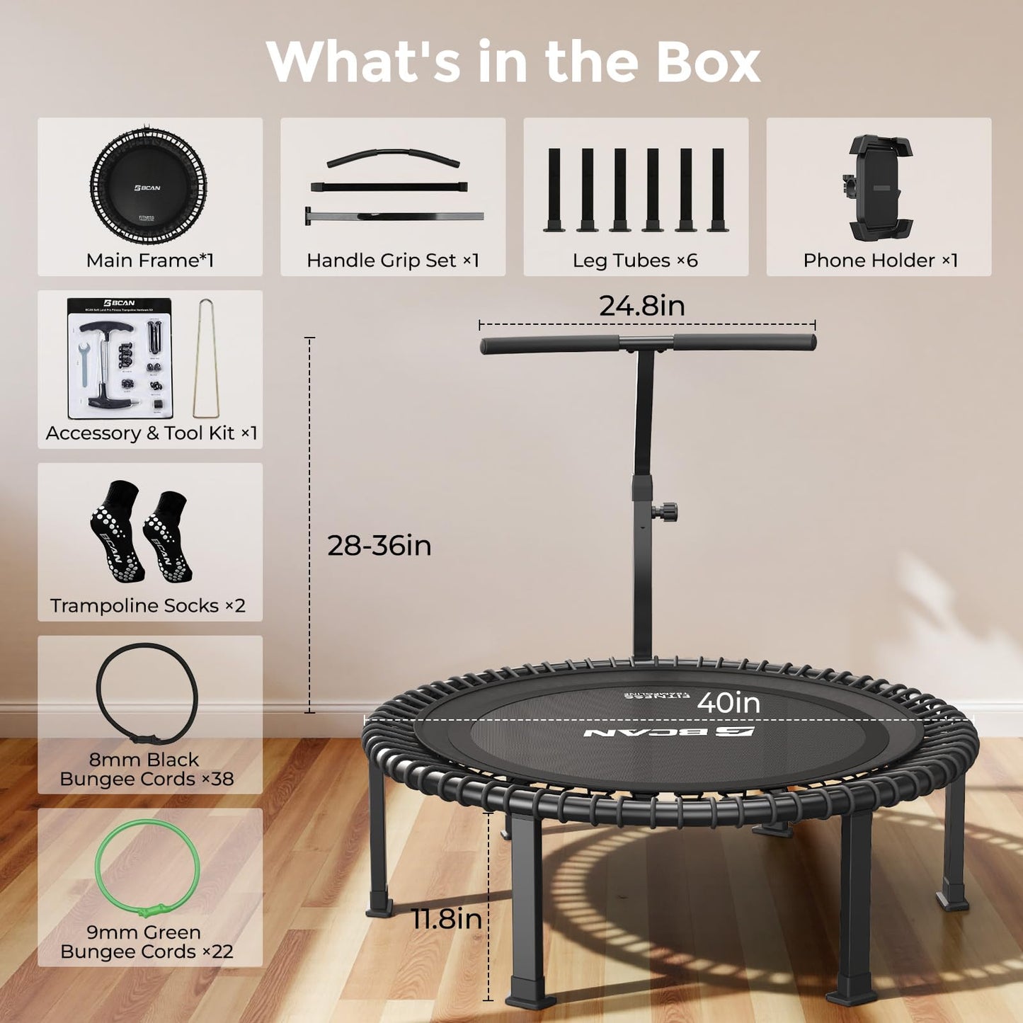 BCAN BT4 40" Soft Land Pro Adult Bungee Rebounder Trampoline, 500lb Capacity, Adjustable Tension Bungees, One-Piece Frame (16 Gauge), Quiet Indoor Cardio w/Handle, Phone Holder & 2 Pairs Socks, Black