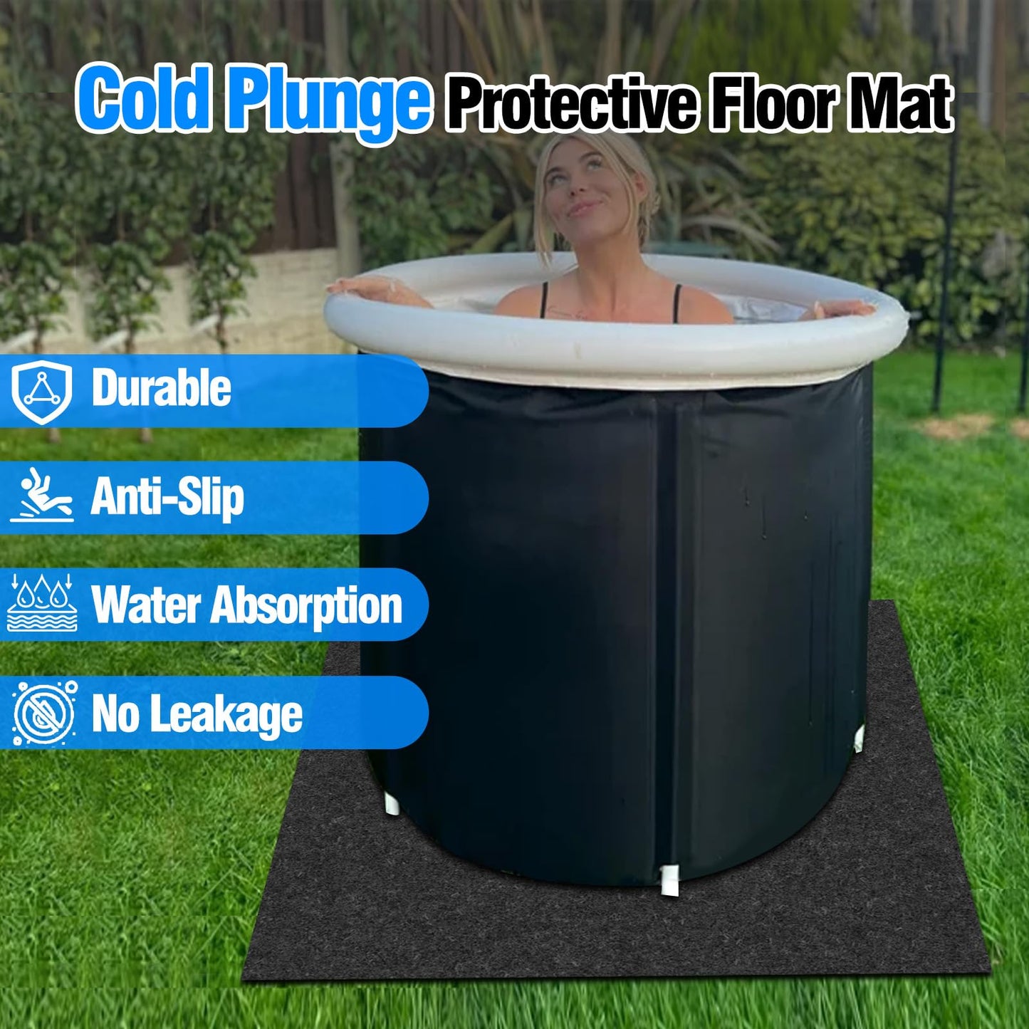 Cold Plunge Protective Floor Mat, 50"X50" Ice Bath Tub Mat Indoor Outdoor, Protector Mat for Cold Plunge Tub Ice Bath Tub, Waterproof Slip-Proof Backing, Cold Plunge Ice Bath Accessories