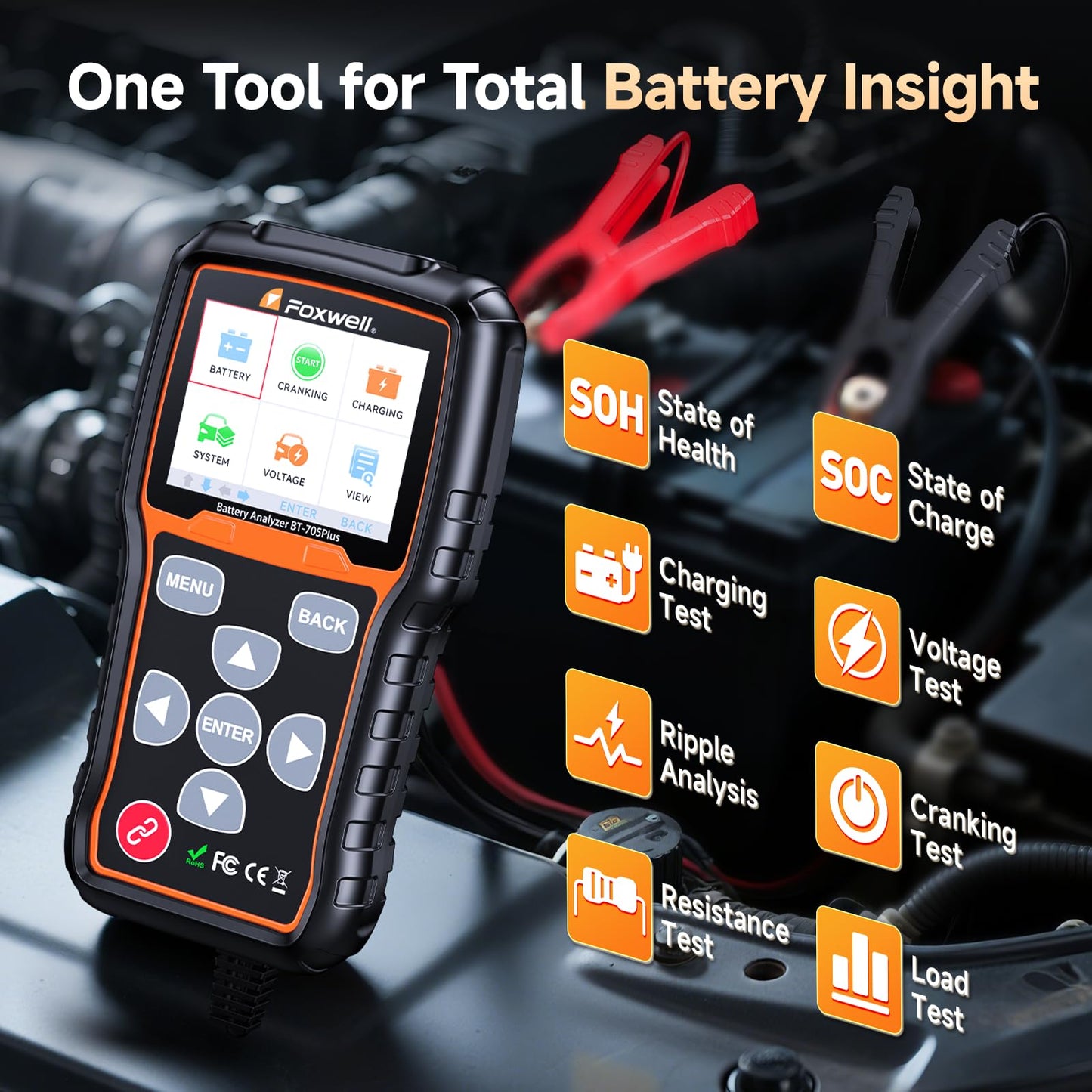 FOXWELL BT705 Plus Car Battery Tester 24V 12V Load Tester, Professional 100-2000CCA Automotive Alternator Tester, Accurate Cranking Charging Tester for Car Truck Marine Heavy Duty (Upgraded BT705)