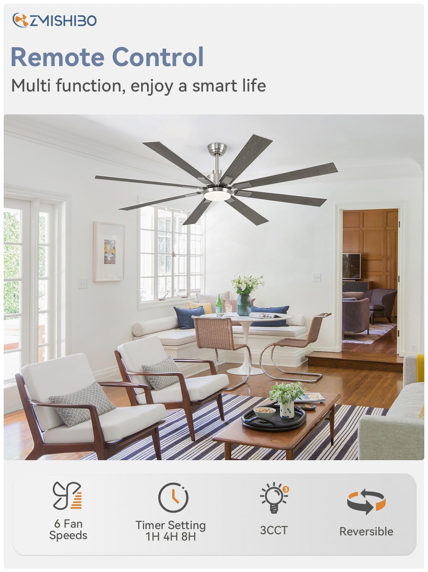 ZMISHIBO 72 inch Brushed Nickel Modern Ceiling Fans with Lights and Remote, Indoor/Outdoor Ceiling Fan for Living Room Patio, 6 Speed Reversible Quiet DC Motor, 3 CCT, Dual Finish Blades