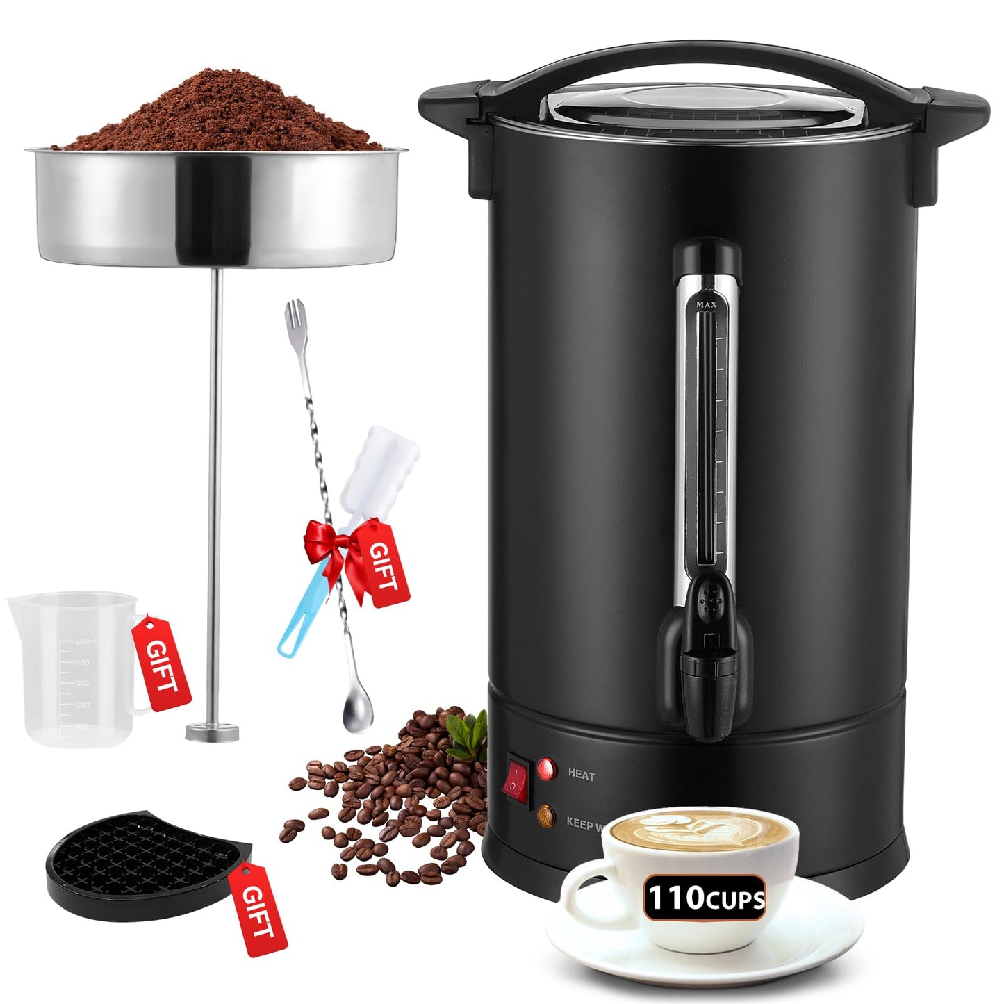 110 Cup Commercial Coffee Urn with Percolator, 1500W Upgraded Power, Quick-Brewing Coffee Maker With Auto Temp Control, Large Stainless Steel Hot Beverage Dispenser, Hot Water Urn For Events, Catering