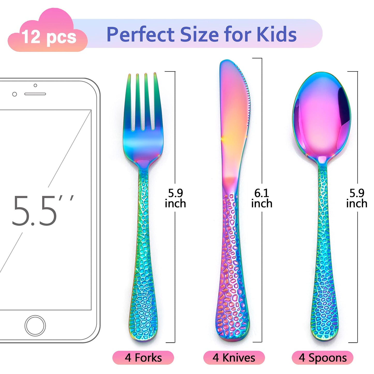 LIANYU 12-Piece Rainbow Kids Silverware Set, Stainless Steel Toddler Utensils, Hammered Preschooler Metal Flatware Cutlery Set, Children Tableware Includes Knives Forks Spoons, Dishwasher Safe