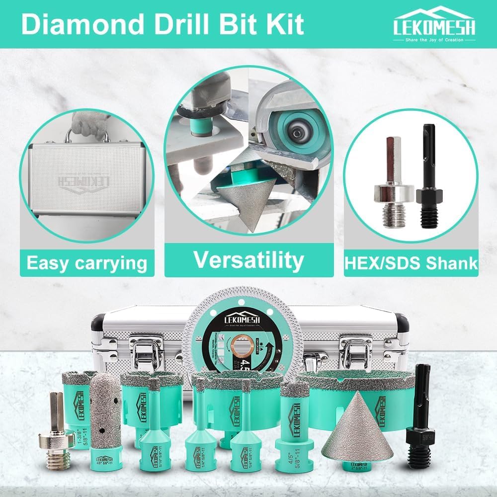 LEKOMESH Diamond Hole Saw Kit - Tile Hole Saw Kit 6-100mm with Cutting Disc, 13PCs for Porcelain Tile, Ceramic, Granite, Marble, Stone, Masonry Dry/Wet Drilling, Milling and Chamfering