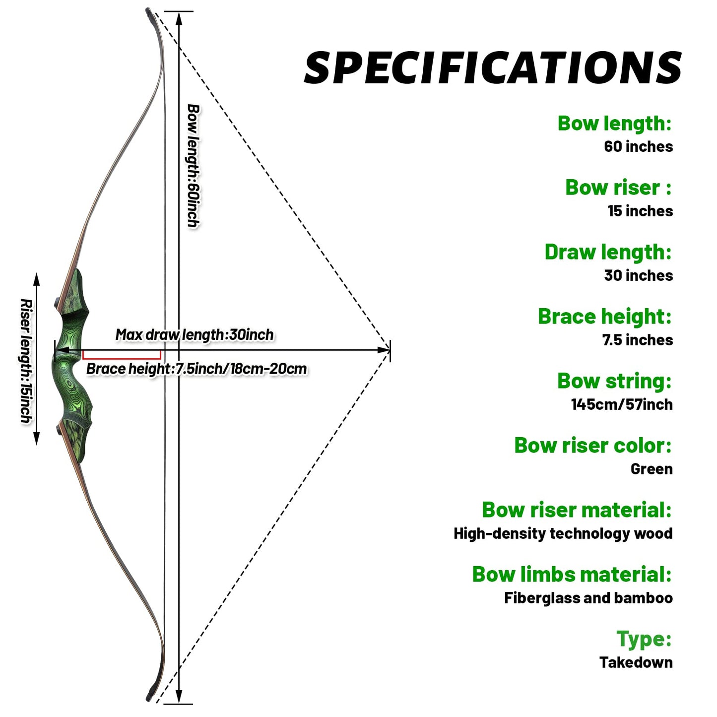 60 Inch Black Hunter Takedown Recurve Bow and Arrow 20-60Lbs Hunting Archery Bow Right Hand Wood Riser Practice Bow for Adult Target Training (25LBS)