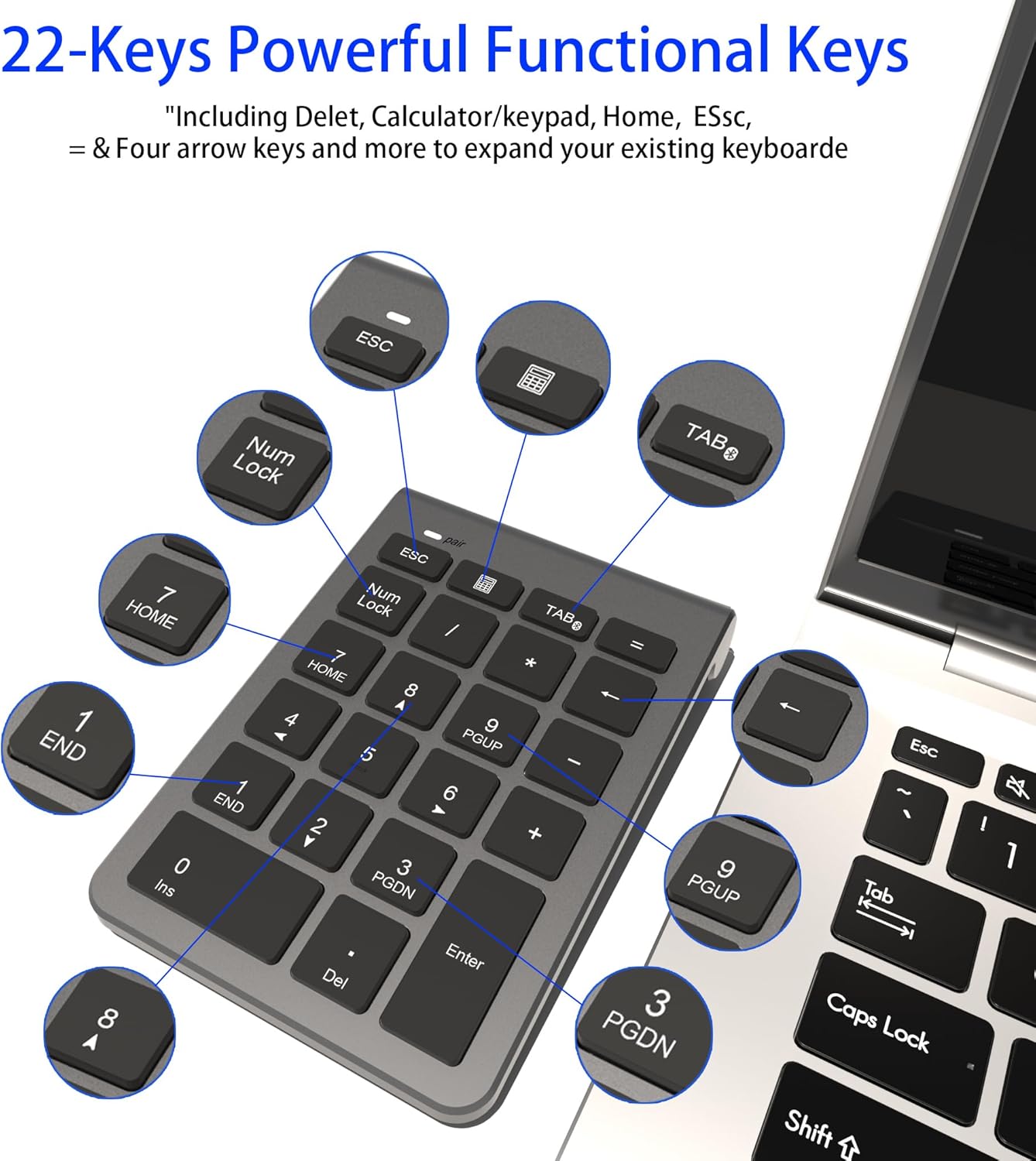 Rytaki Pro 22 33ft Bluetooth Number Pad, Wireless Numeric Keypad with Keys - Portable Numpad