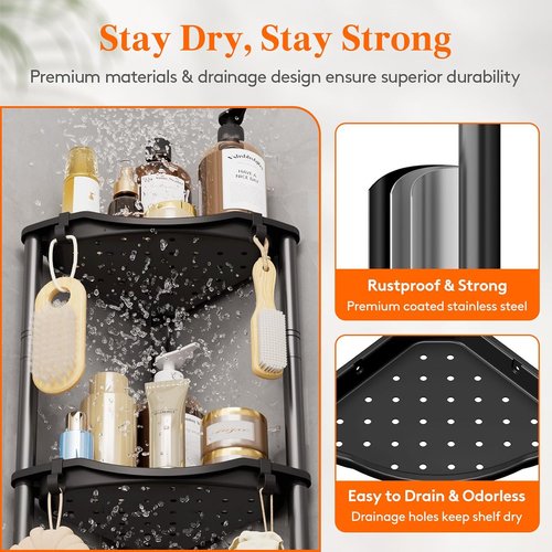 Lifewit Shower Caddy - 4-Tier Rustproof Corner Rack with Adjustable Feet & Hooks | Black, 34 x 24 x 107 cm