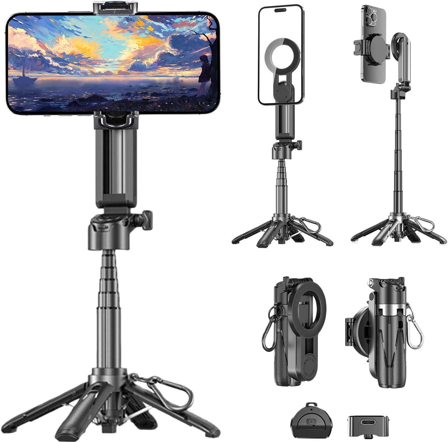 AntoFlash for Magnetic Tripod Stand for iPhone Pocket-Size Selfie Stick Mag-Safe Tripod Phone Holder with Wireless