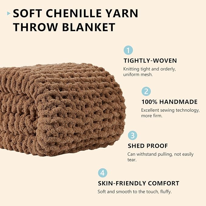 L'AGRATY Chunky Knit Blanket Throw: 50''x60'' Chenille Chunky Knitted Throw Blankets for Bed Couch - Handmade Thick Big Cable Knit Blanket - Large Crochet Rope Blankets for Home Decor(Brown)