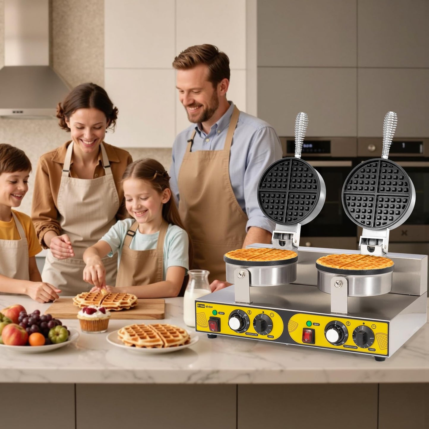 Dyna-Living Commercial Waffle Maker Double Head Waffle Maker, 2400W Non-Stick Commercial Waffle Iron Stainless Steel Waffle Machine for Restaurants, Large Waffle Machine Commercial