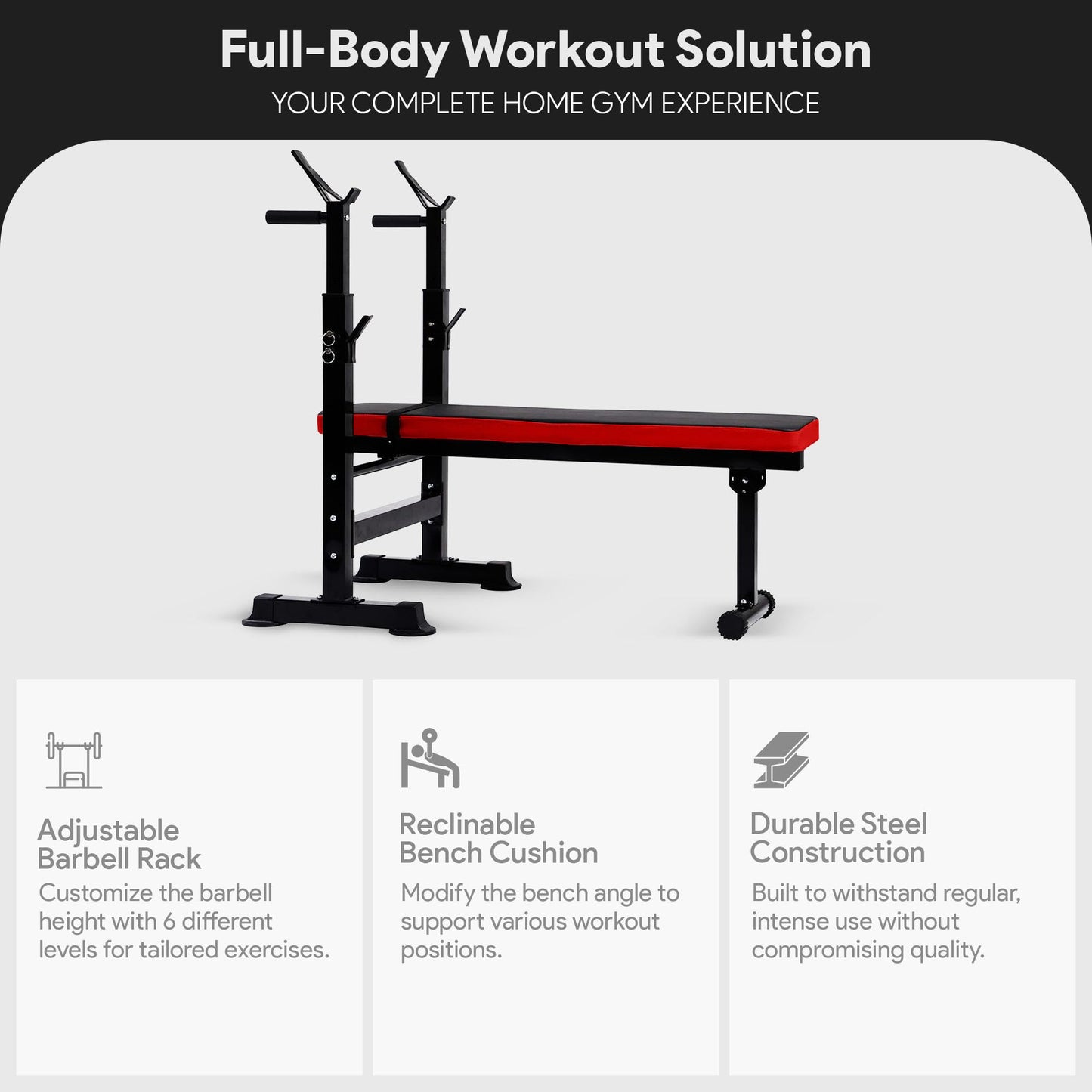 BalanceFrom Steel Weight Bench with Squat Rack, Adjustable Seat, and Recliner – Foldable Home Gym Equipment with 6-Position Barbell Holder and Leg Developer, 400 Pound User Capacity