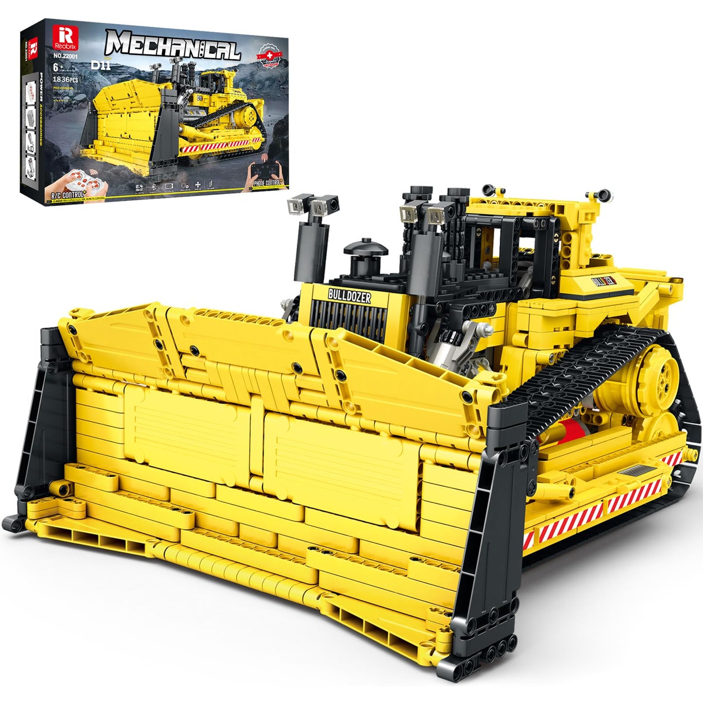 Reobrix D11 Bulldozer Building Set,APP Remote Control Loader RC Bulldozer Construction Toy with 2.4GHz Multi-Player Mode 22001,Tractor Sets for Birthday,1836PCS