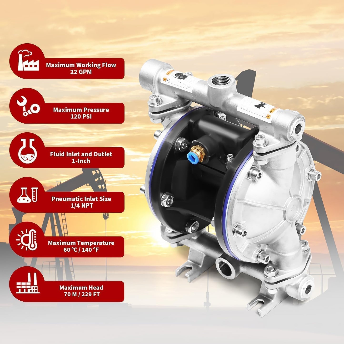 Nakkaa SS Pneumatic Double Diaphragm Pump Stainless Steel 8.8GPM1/2" In/Out Max 120PSI, Used to Transport Various Low Viscosity Liquids Such as Hydraulic Fluid, diesel, coating,etc