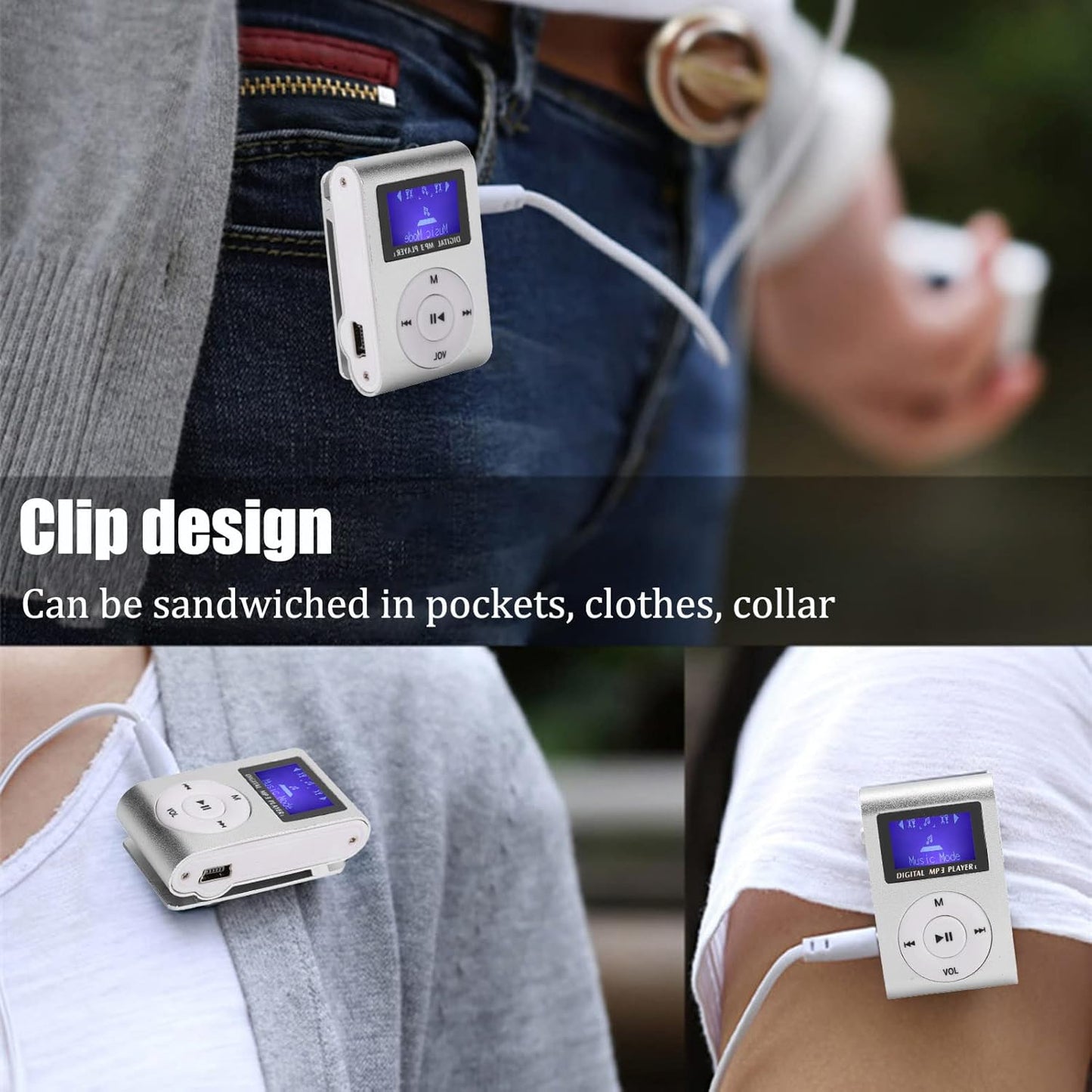 ciciglow MP3 32G,Suitable Mini Player,Mini LCD Screen Display USB Player,with Earphones,Ultra-Light Clip-on
