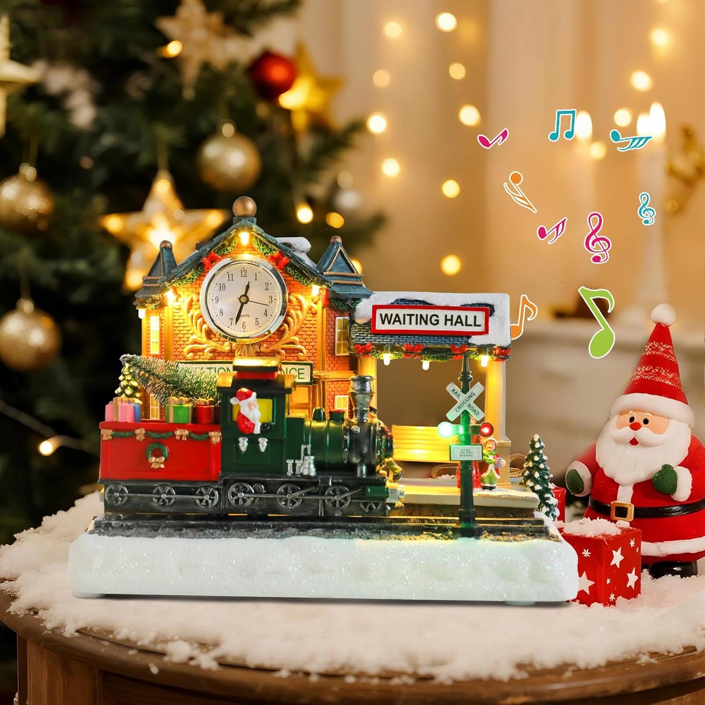 VCUTEKA Animated Christmas Village Train Station - Lighted Musical Santa Display for Holiday Décor