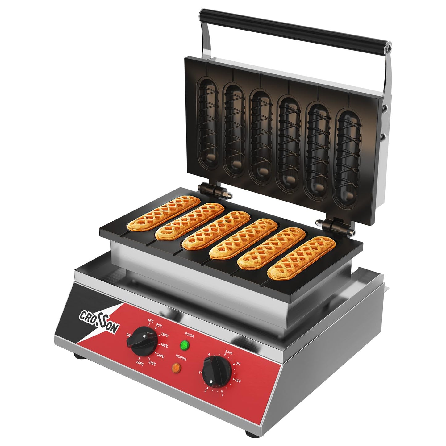 CROSSON Commercial 6PCS Waffle Stick Maker, Non-Stick Triple-Layer Coating Corn Hot Dog Waffle Iron W/ 140-480℉ Temp Range and 5 Minutes Timer, Machine for Restaurant Bakery Snack Bar-120V/1600W