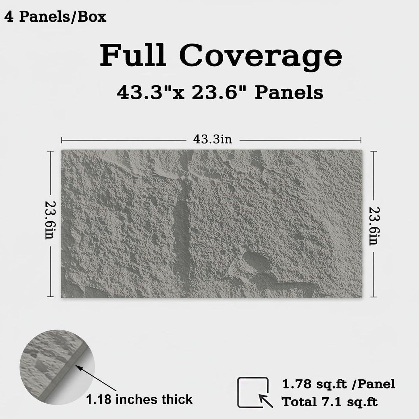 3D Faux Stone Wall Panels, 1.18" wall Panels for Interior wall Decor, 4 PCS PU Wainscoting Panel， Cement Texture， Thicker Accent， for Living Room, Office, 47.2" x 23.6" (Light Gray)