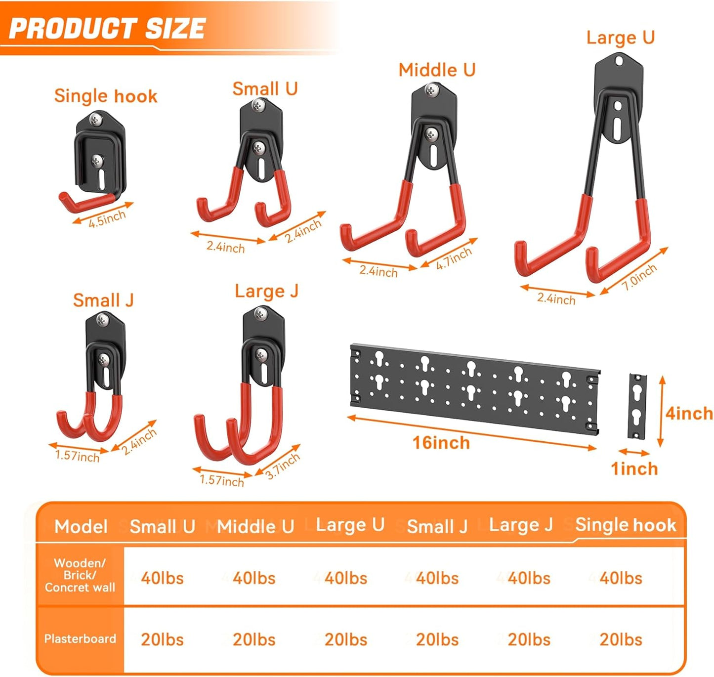 TORACK 24 PCS Garage Storage Hooks - Wall Mount Tool Organizer for Garden Tools, Ladders & More