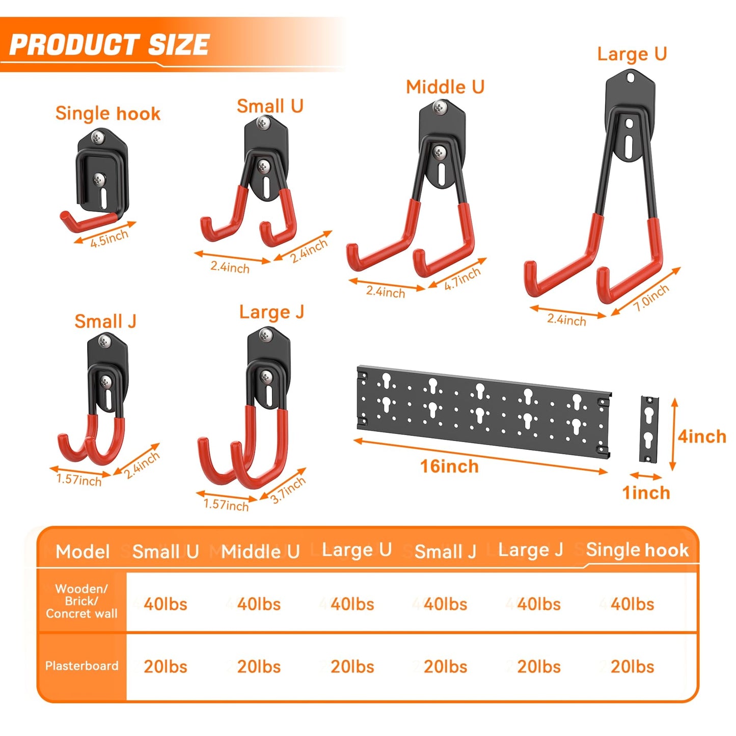TORACK 24 PCS Garage Storage Hooks with Tracks, Wall Mount Tool Organizer for Garden Tools, Ladders, Cords, Folding Chairs, Shovels and Rakes, Shelving Hooks for Keyhole Style Shelving Units