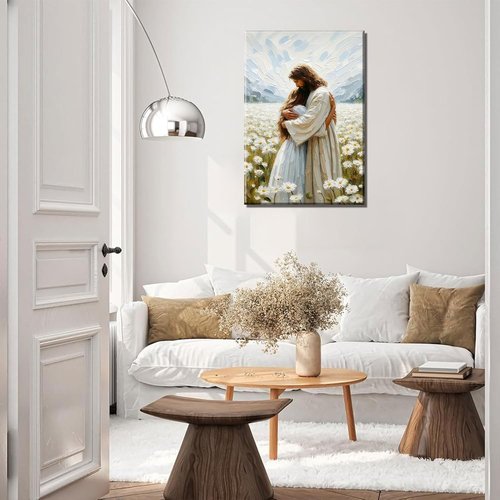 Jesus Hugging Girl Canvas Wall Art - Modern Christian Healing Embrace | 12x16in Wall Decor for Living Room, Bedroom