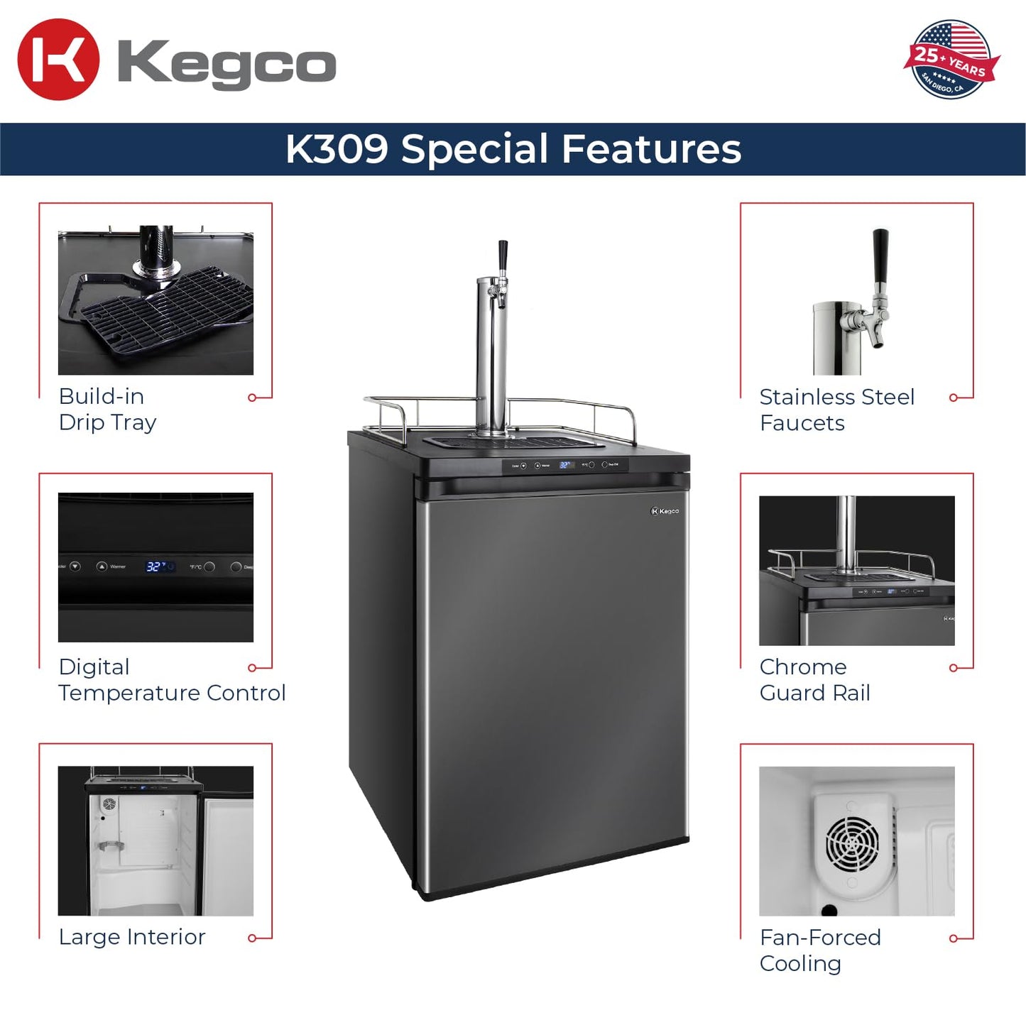 Kegco 3PK309X-1 Keg Dispenser, 1 Tap, Black Stainless Steel
