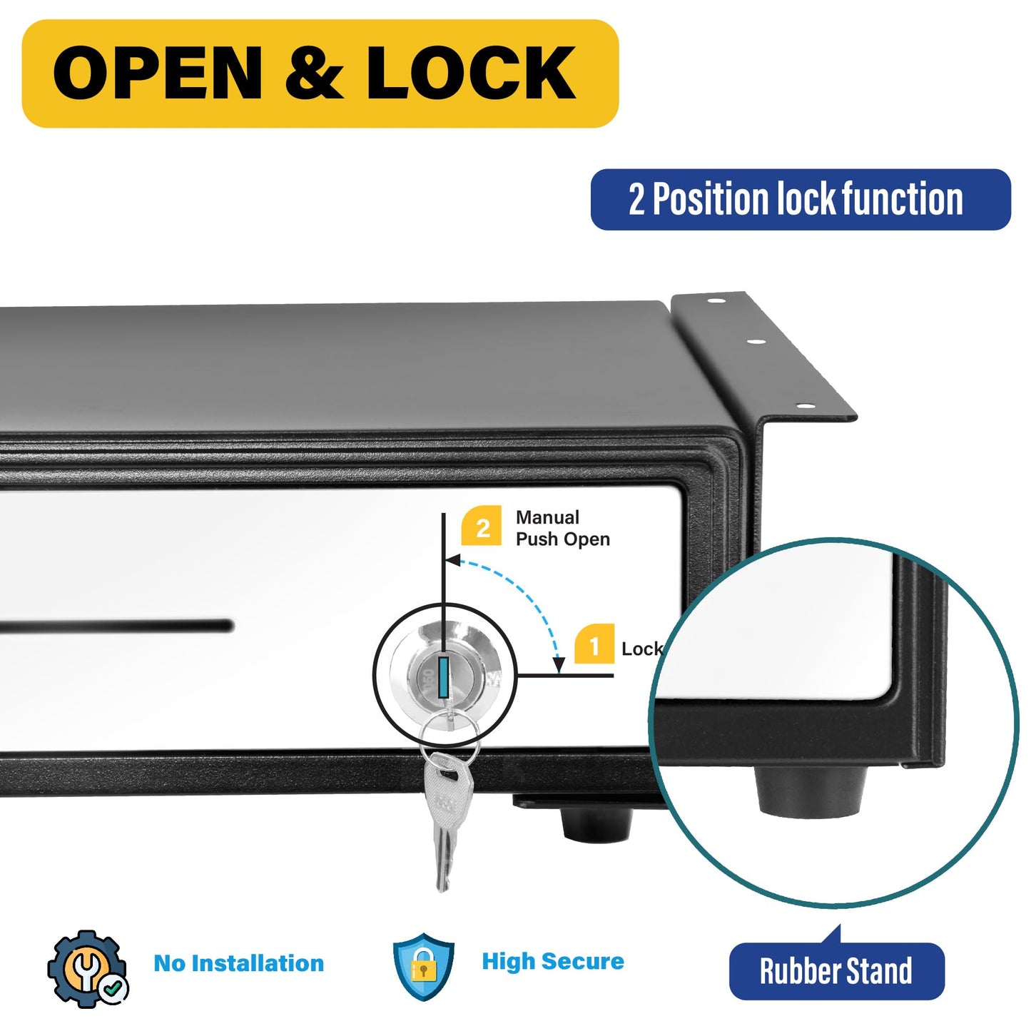 HK SYSTEMS 16" Heavy Duty Black Push Open Cash Drawer, 5B5C with Under Counter Mounting Metal Bracket