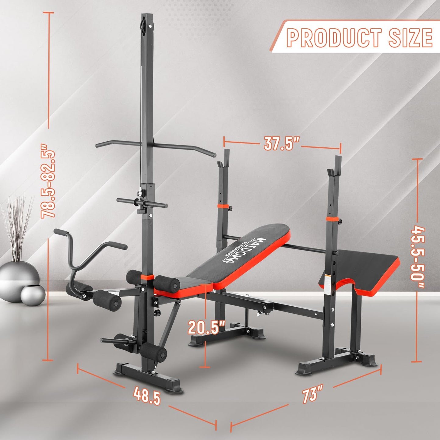 MAIDOMA 1500LB 8 IN 1 Weight Bench with Lat Pulldown and Leg Extension/Curl, Foldable Bench Press with Preacher Curl & Squat Rack, Workout Benches with Safety Bar Catches for Home Gym