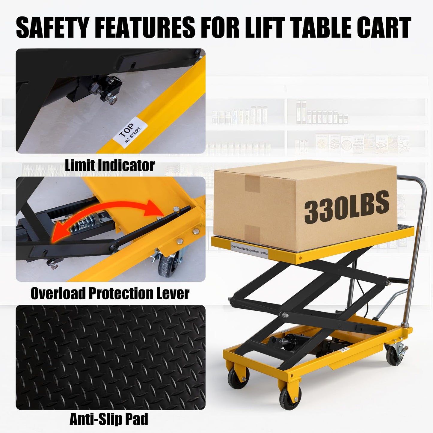 Hydraulic Lift Table Cart, 330lbs Capacity 49.6'' Max Lift, Double Scissor Lift Table w/4 Wheels & Non-Slip Pad, Heavy Duty Hydraulic Platform Lift Cart for Warehouse, Shop, Garage Material Handling