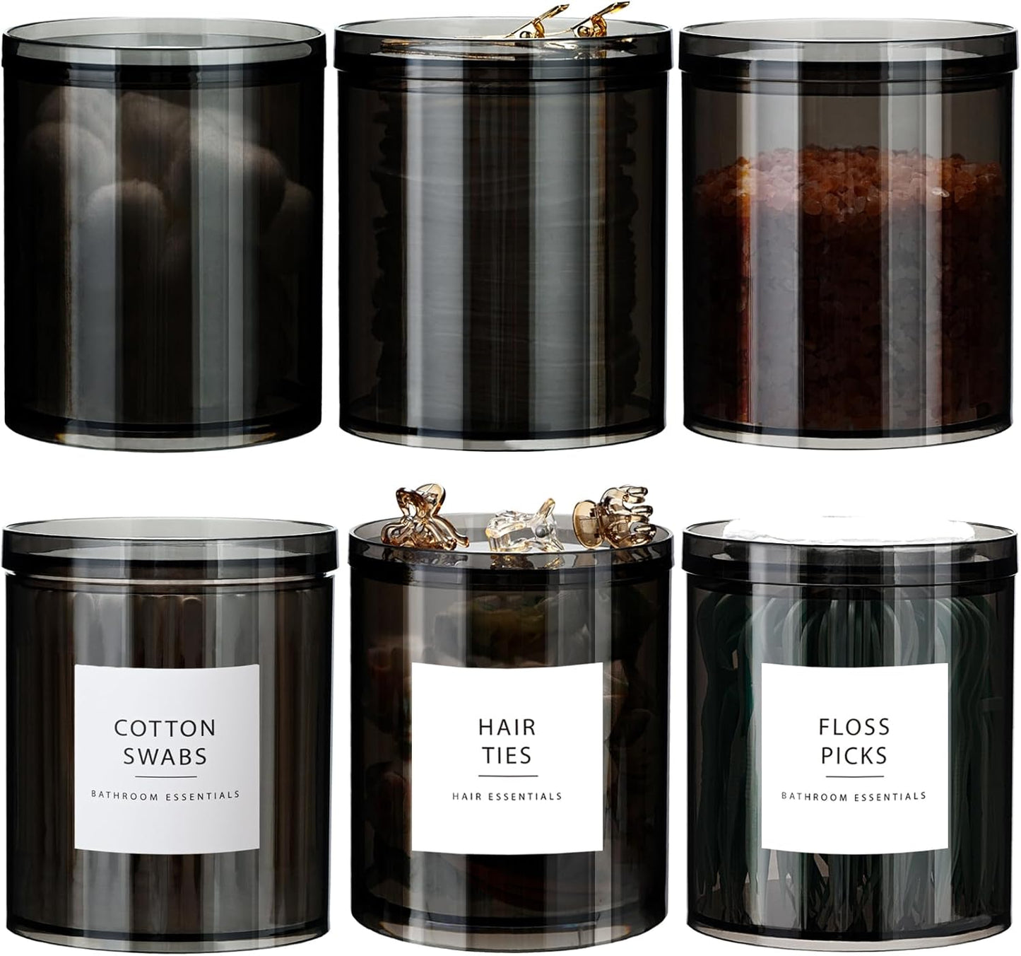 SheeChung Qtip Holder & Black Apothecary Jars Set - 6-Pack Bathroom Storage for Cotton Swabs & Makeup Sponges
