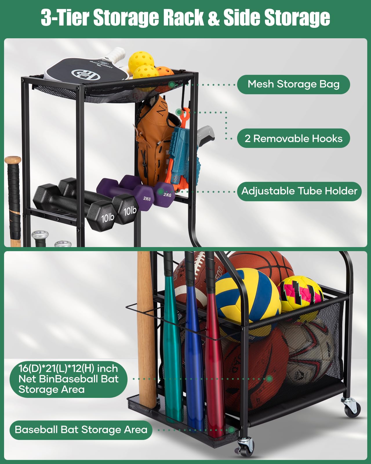 EXTCCT Sports Equipment Garage Organizer - Rolling Ball Storage with wheels, 3-Tier Sports gear Storage Rack Indoor & Outdoor Balls Cart with Hooks for Home, Garage (Black)